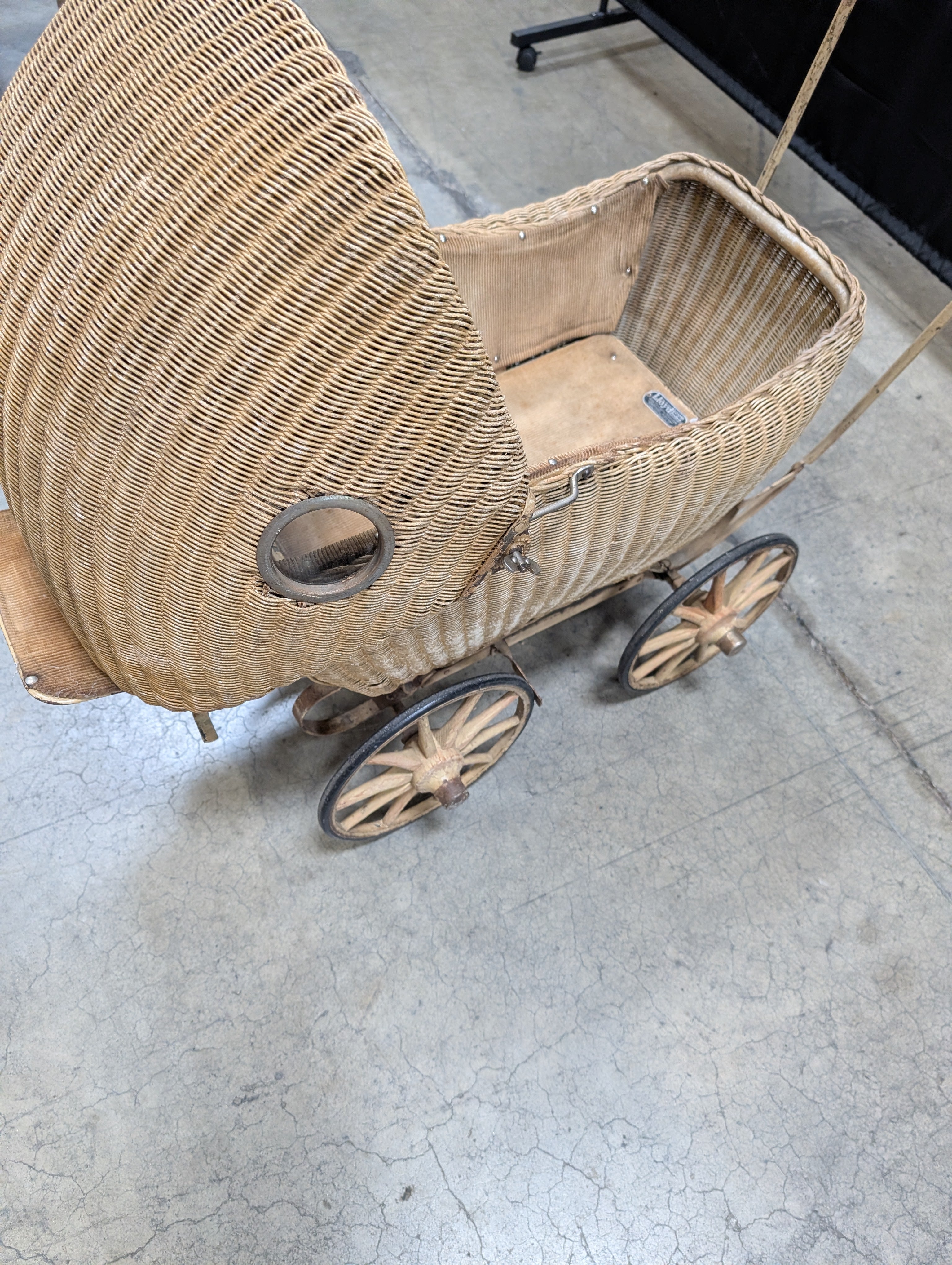 Vintage Lloyd Loom Baby Carriage with  Glass Porthole Window