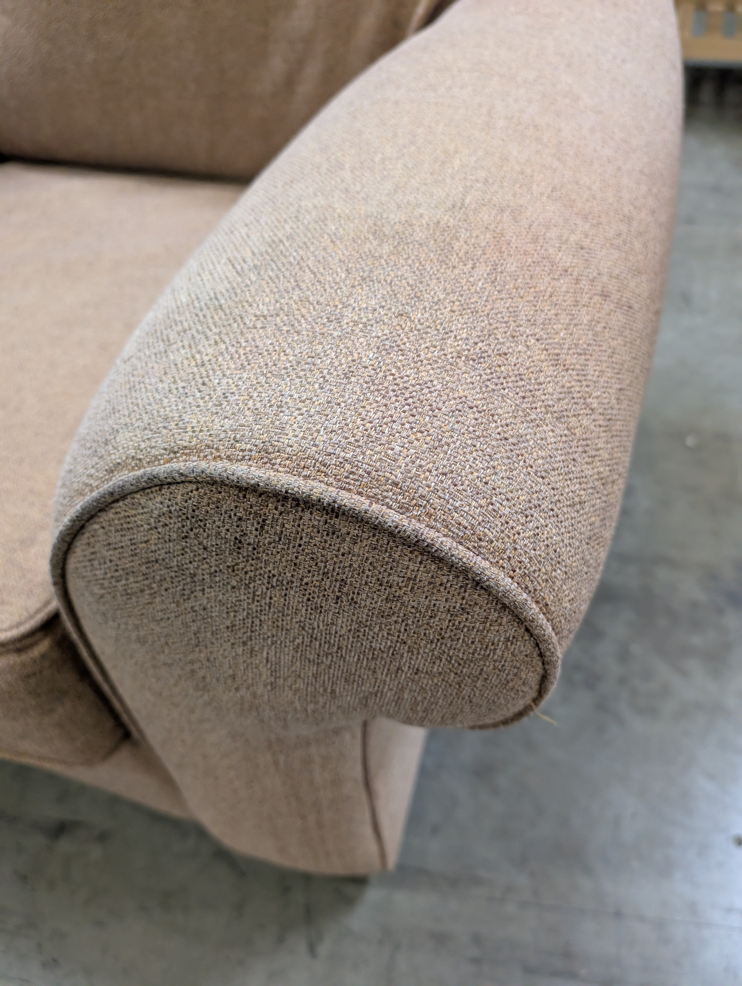 Neutral Beige Thomasville Three-Seat Sofa with Rolled Arms