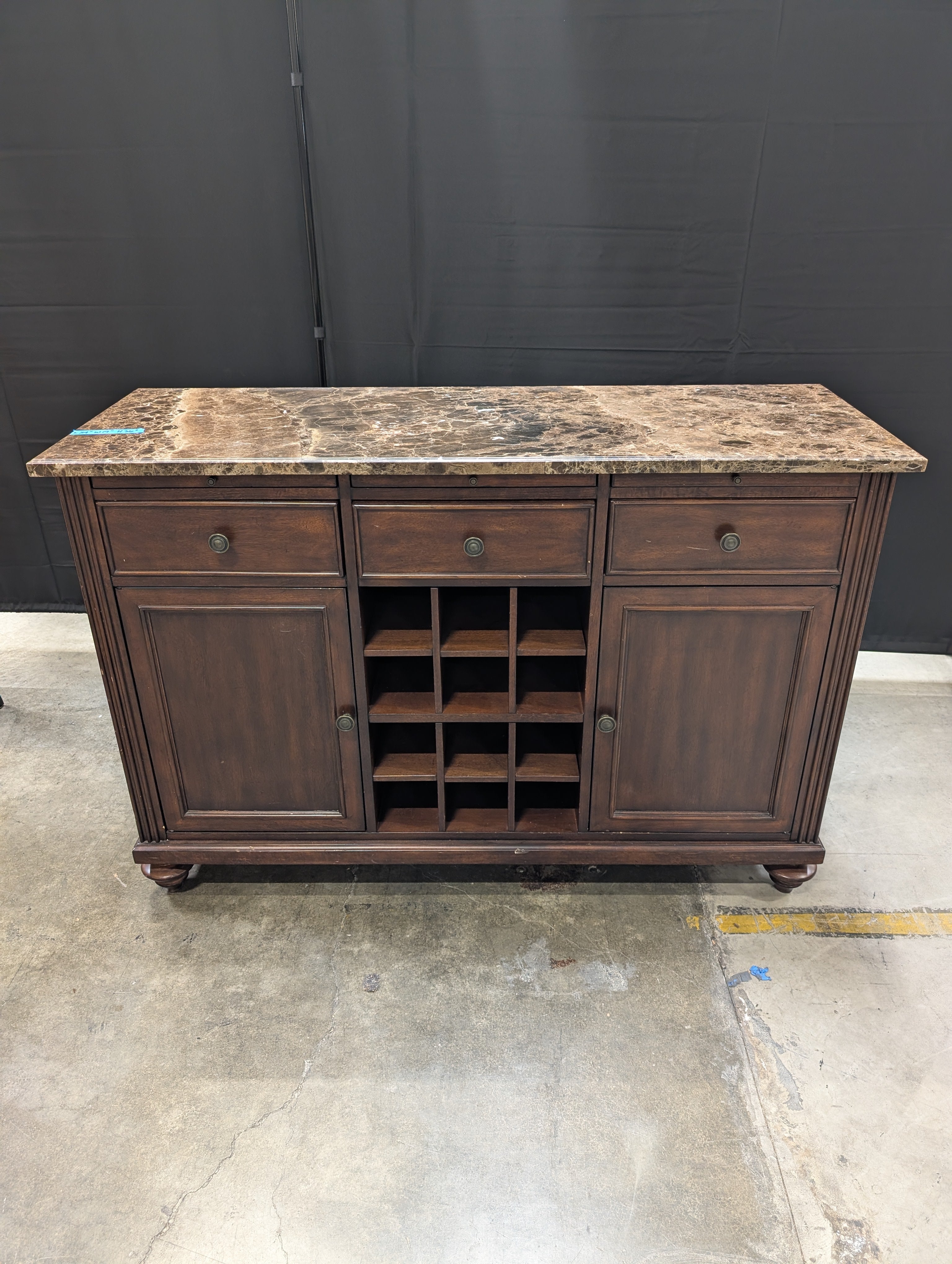 Dark Wood FLEXSTEEL Buffet Cabinet with Stone Top and Wine Storage