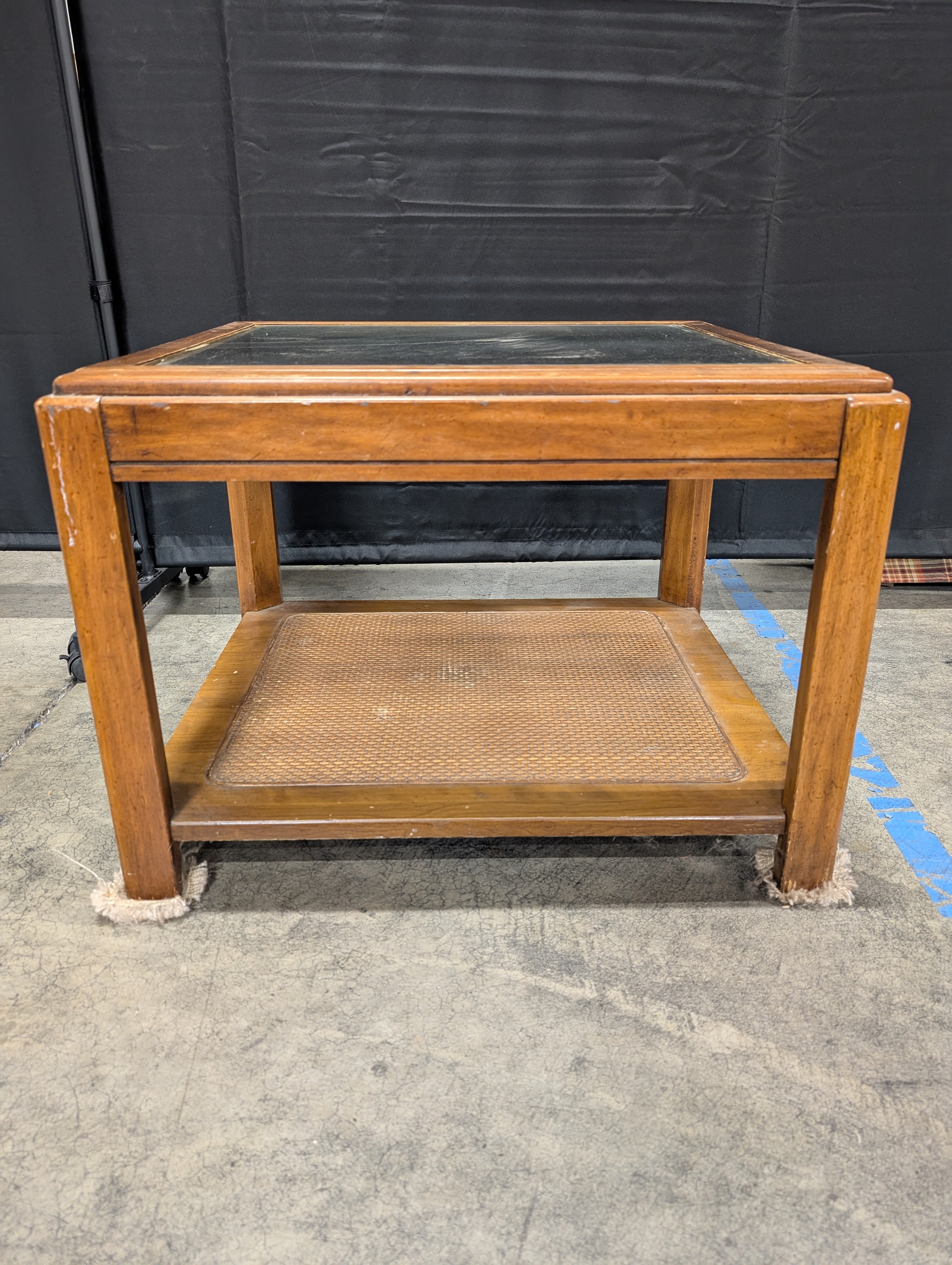 Brown Wood and Glass End Table with Wicker Shelf