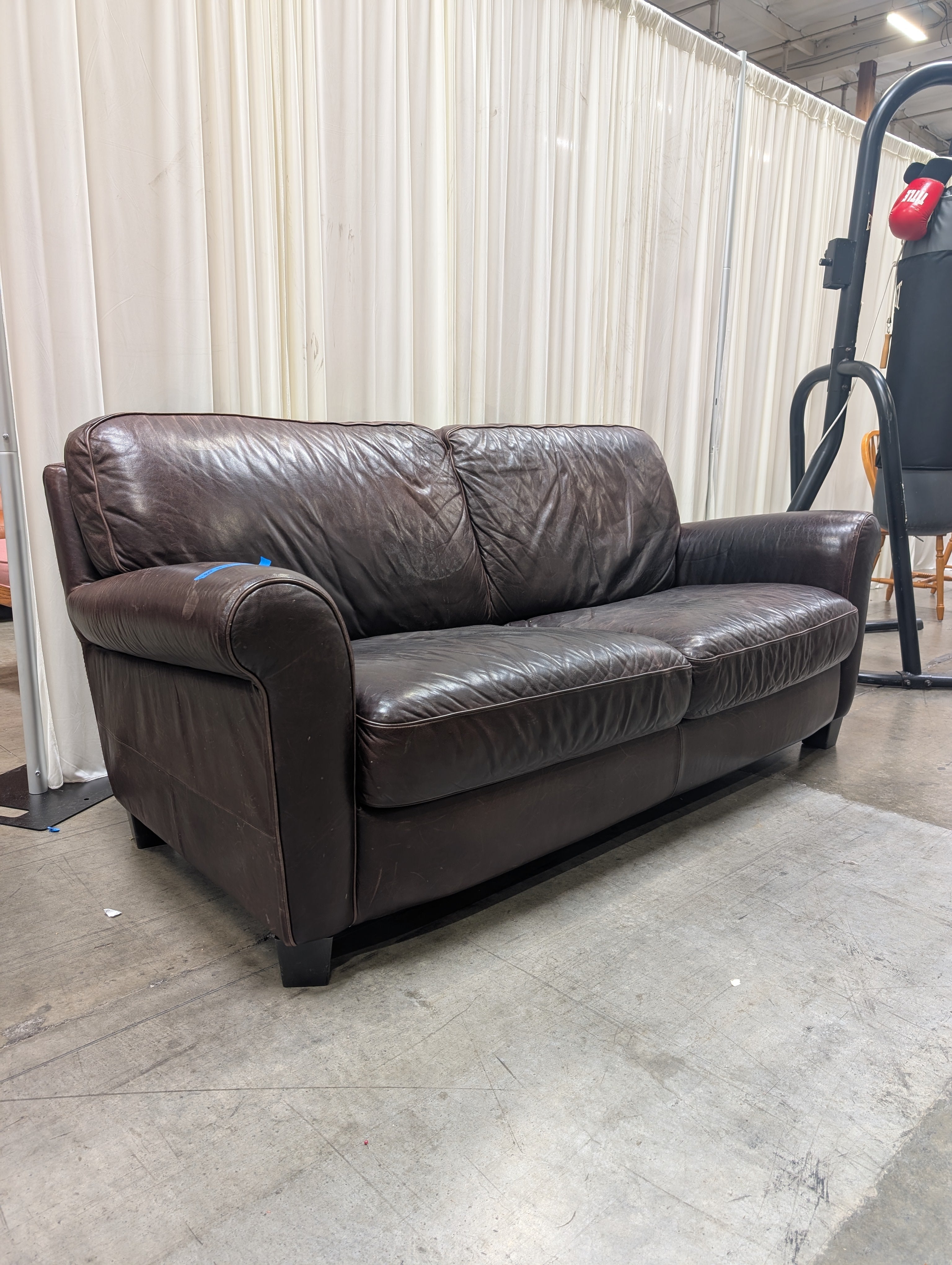 Dark Brown Rolled Arm Couch in Leather