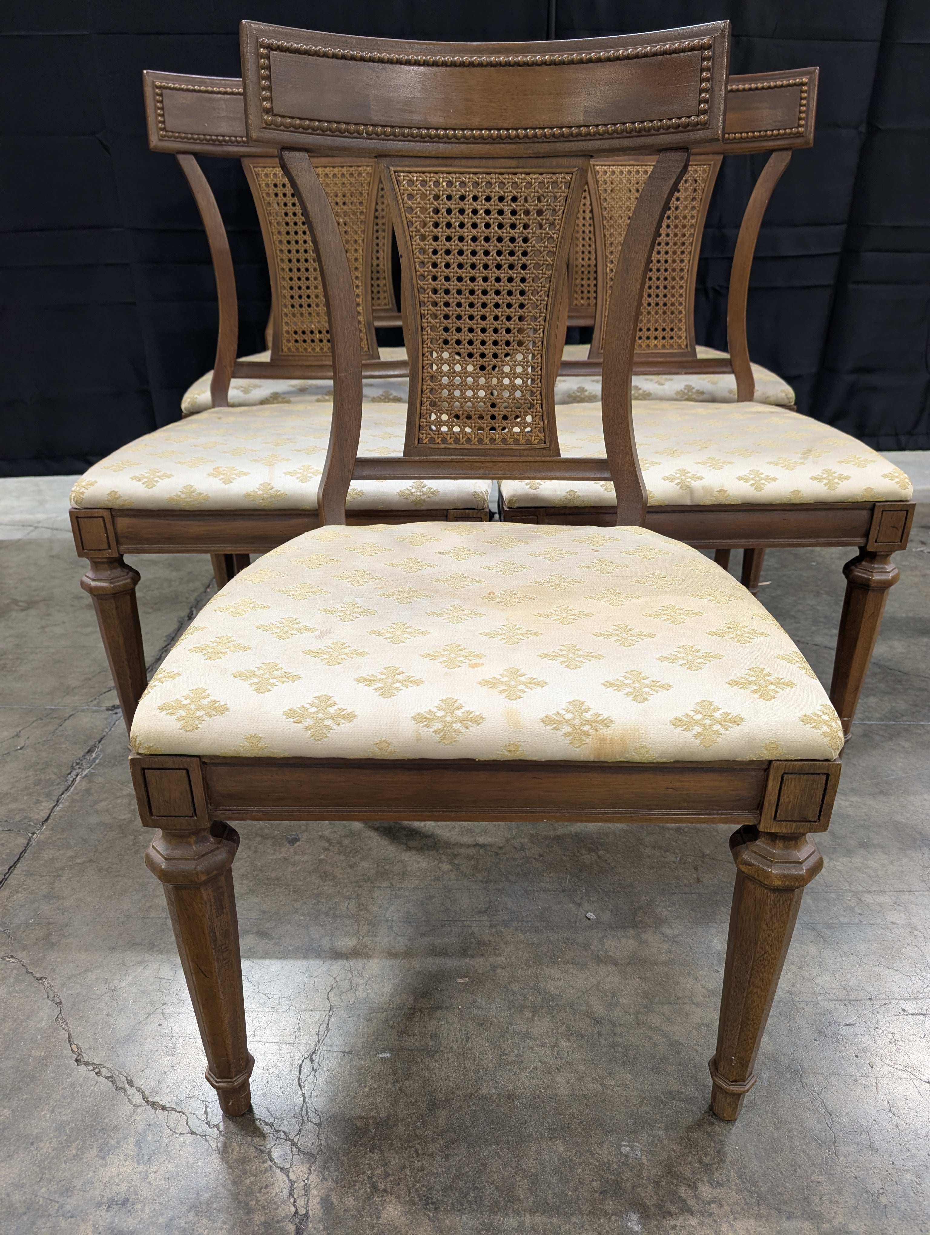 Set of Five Vintage Wood Cane Back Dining Chair with Upholstered Seat