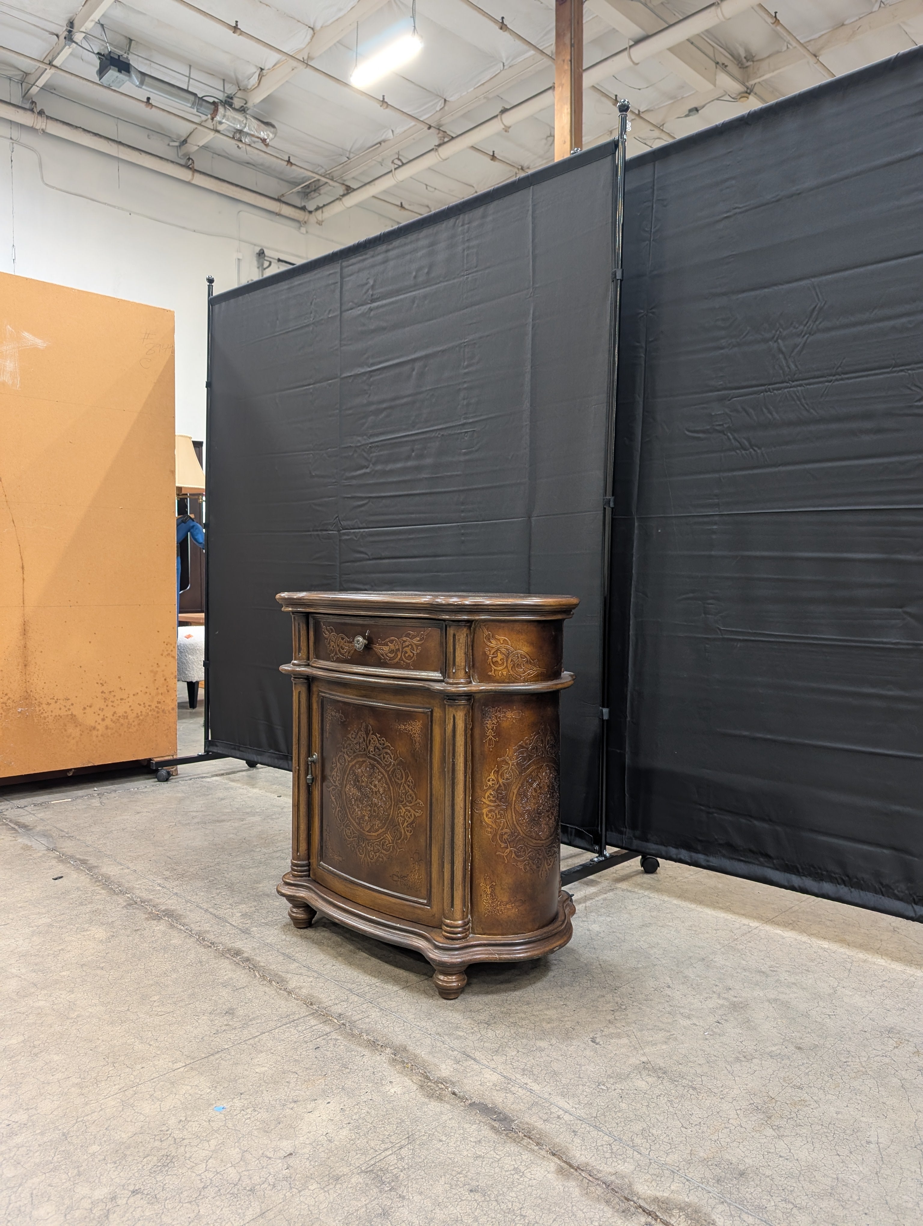Ornate Dark Wood Accent Cabinet with Drawer