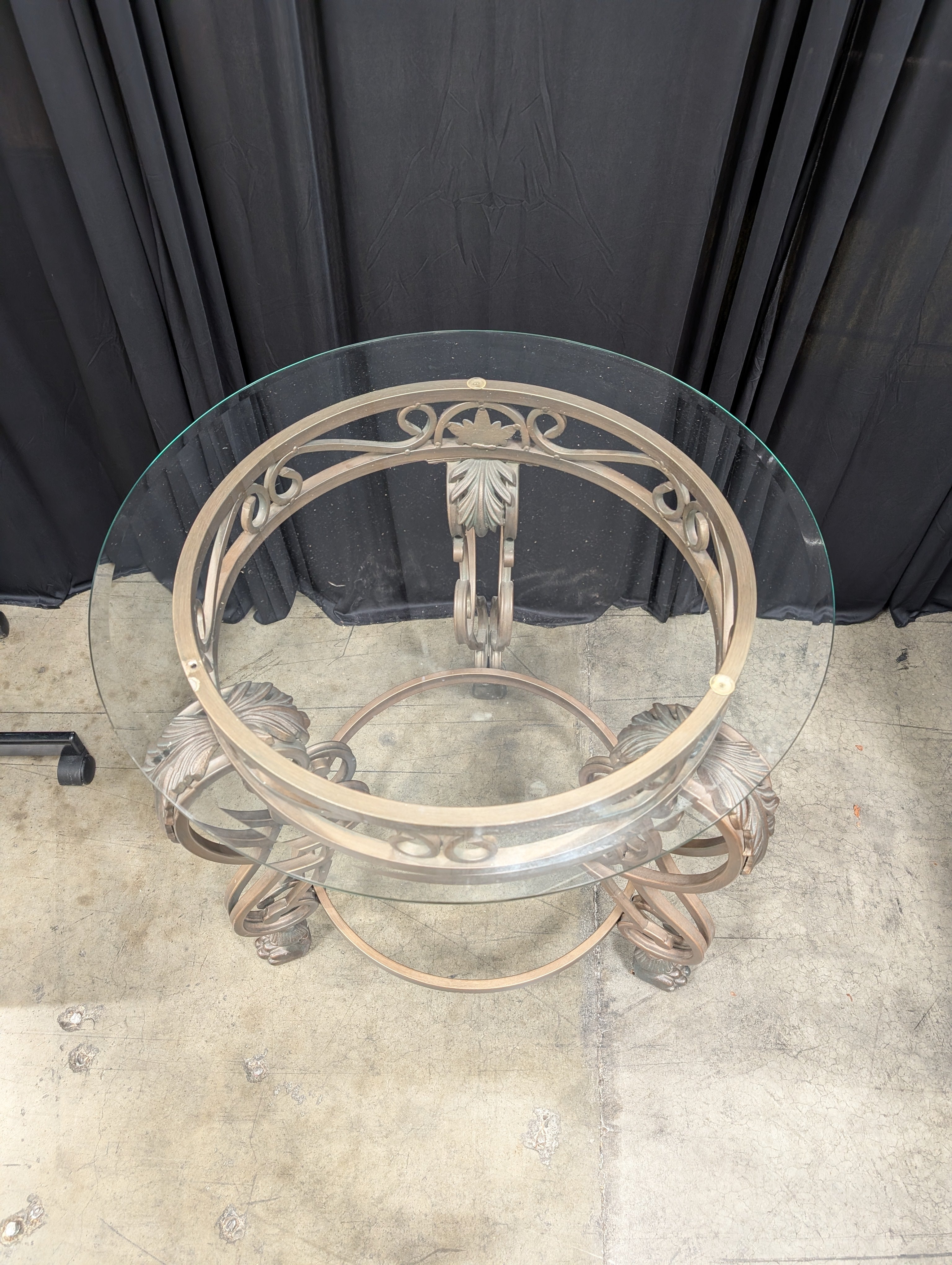 Ornate Bronze Finish Round End Table with Glass Top