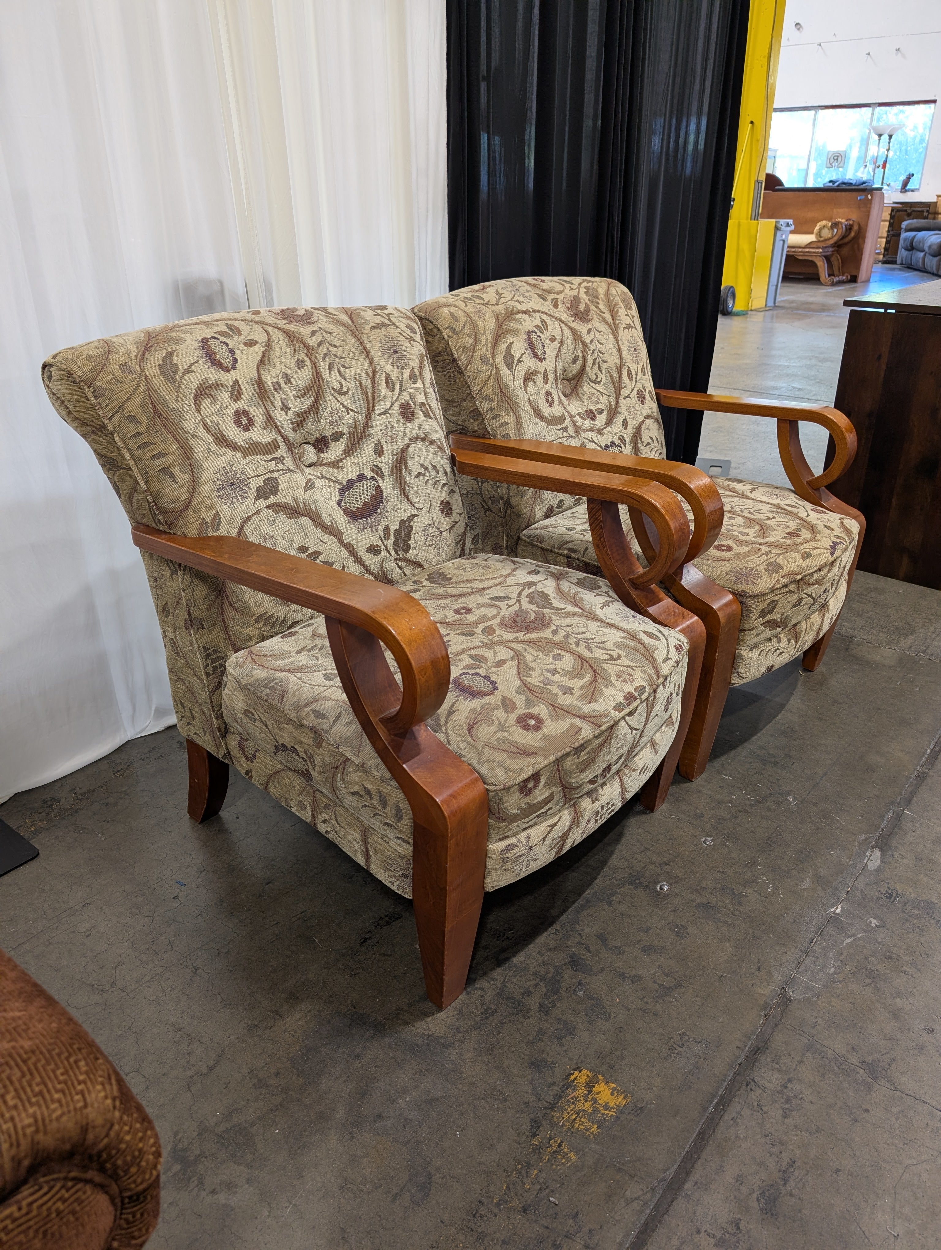 Pair of Vintage Floral Upholstered Armchair with Curved Wood Arms