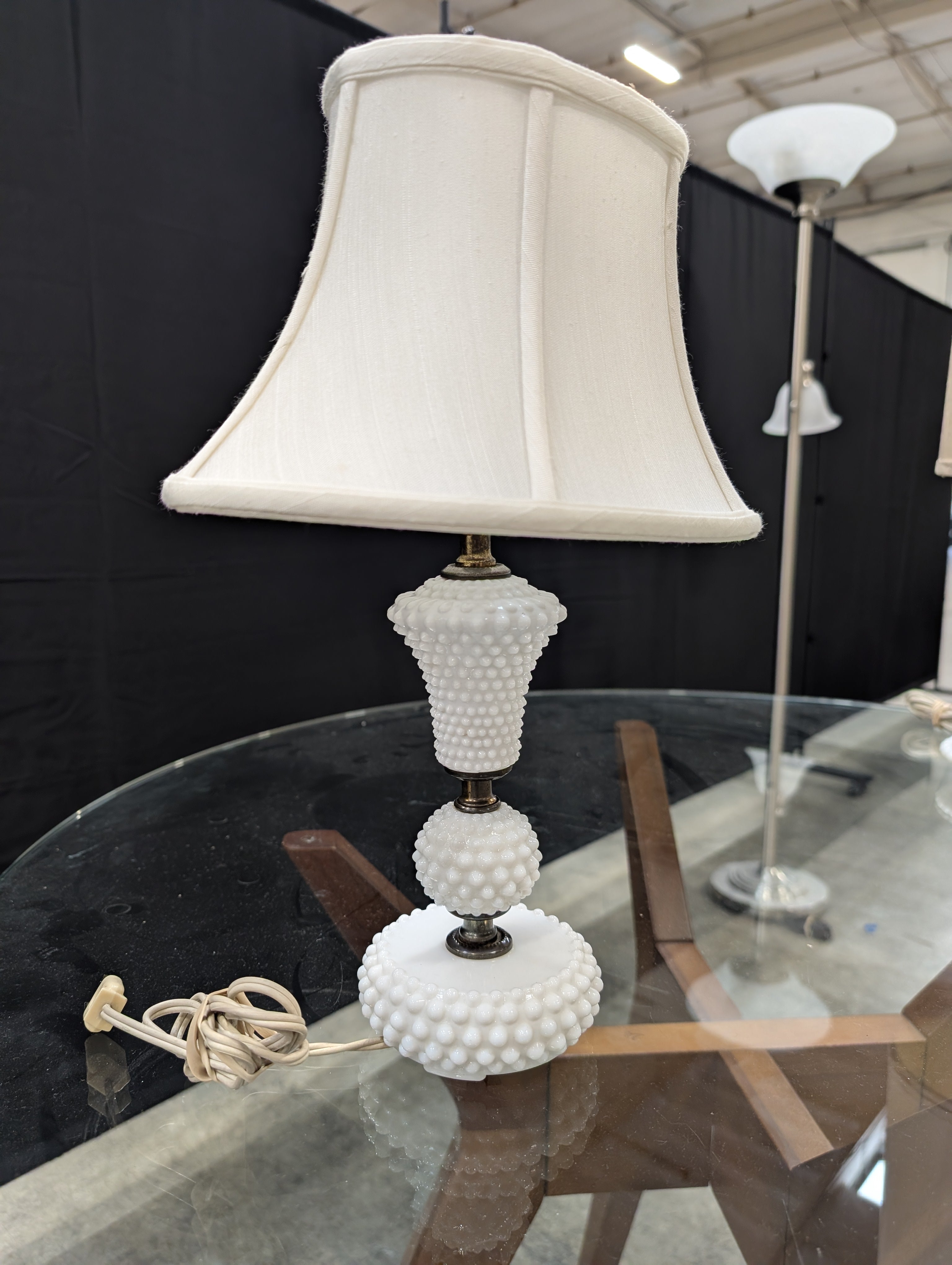 Vintage White Hobnail Milk Glass Table Lamp with Fabric Shade