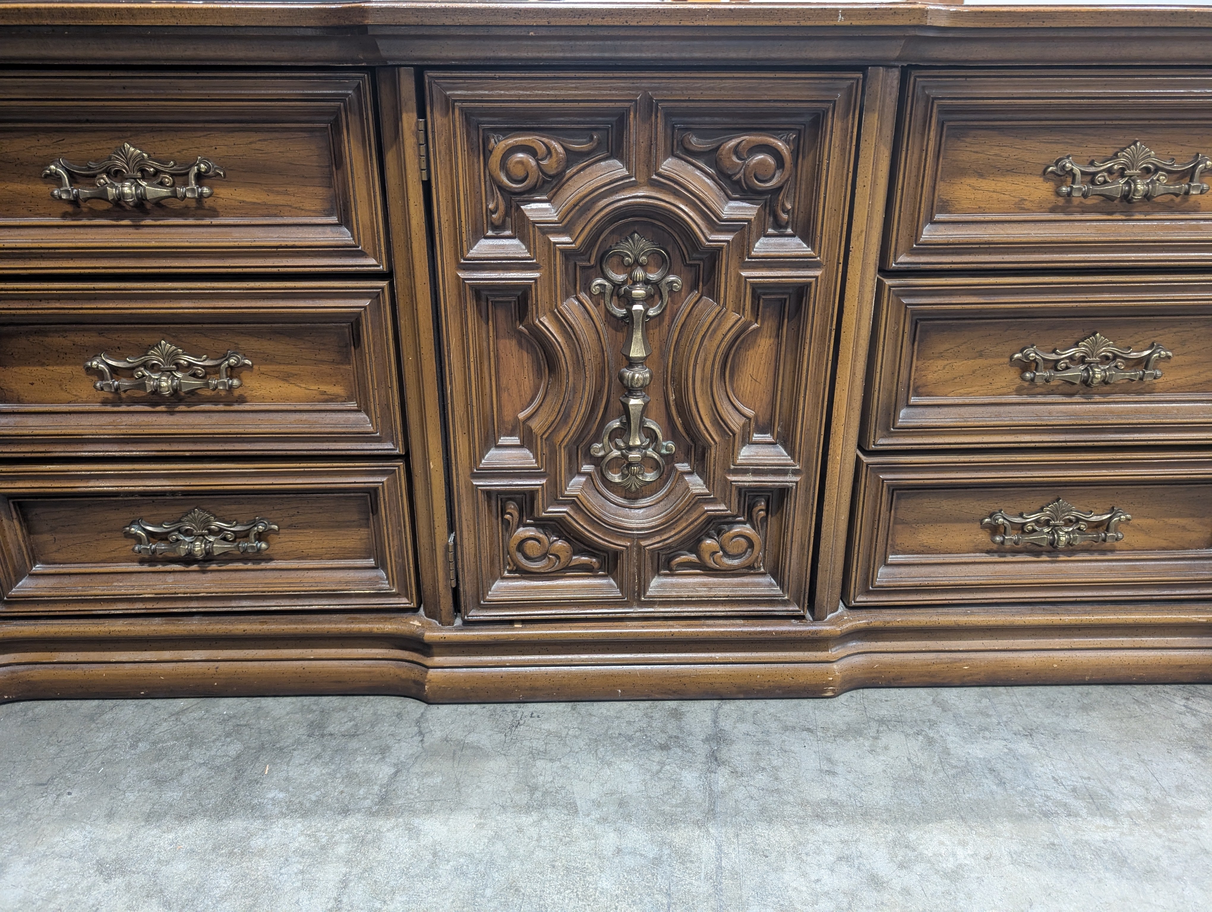 Ornate Traditional Dark Wood Dresser with Nine Drawers and Two Carved Mirrors