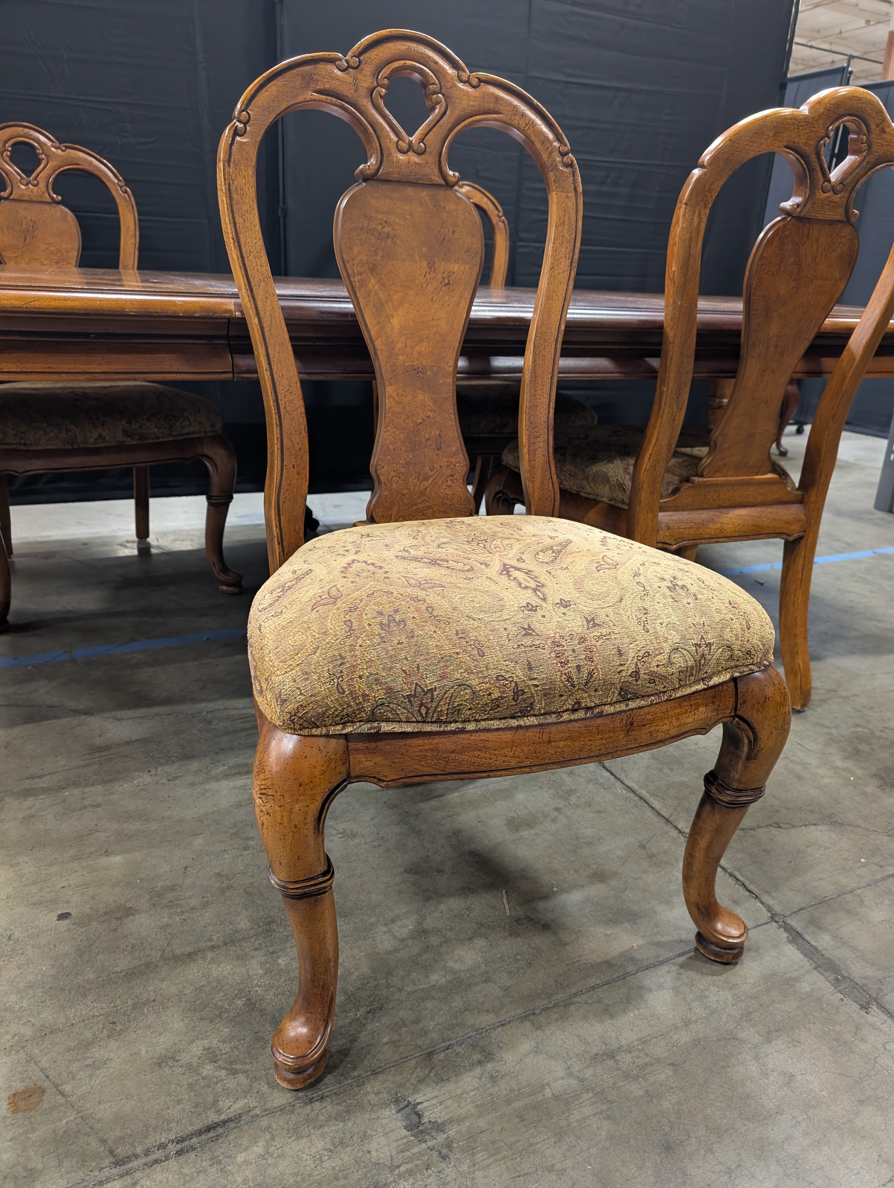 Ornate Inlaid Wood Thomasville Dining Table with Matching Chairs