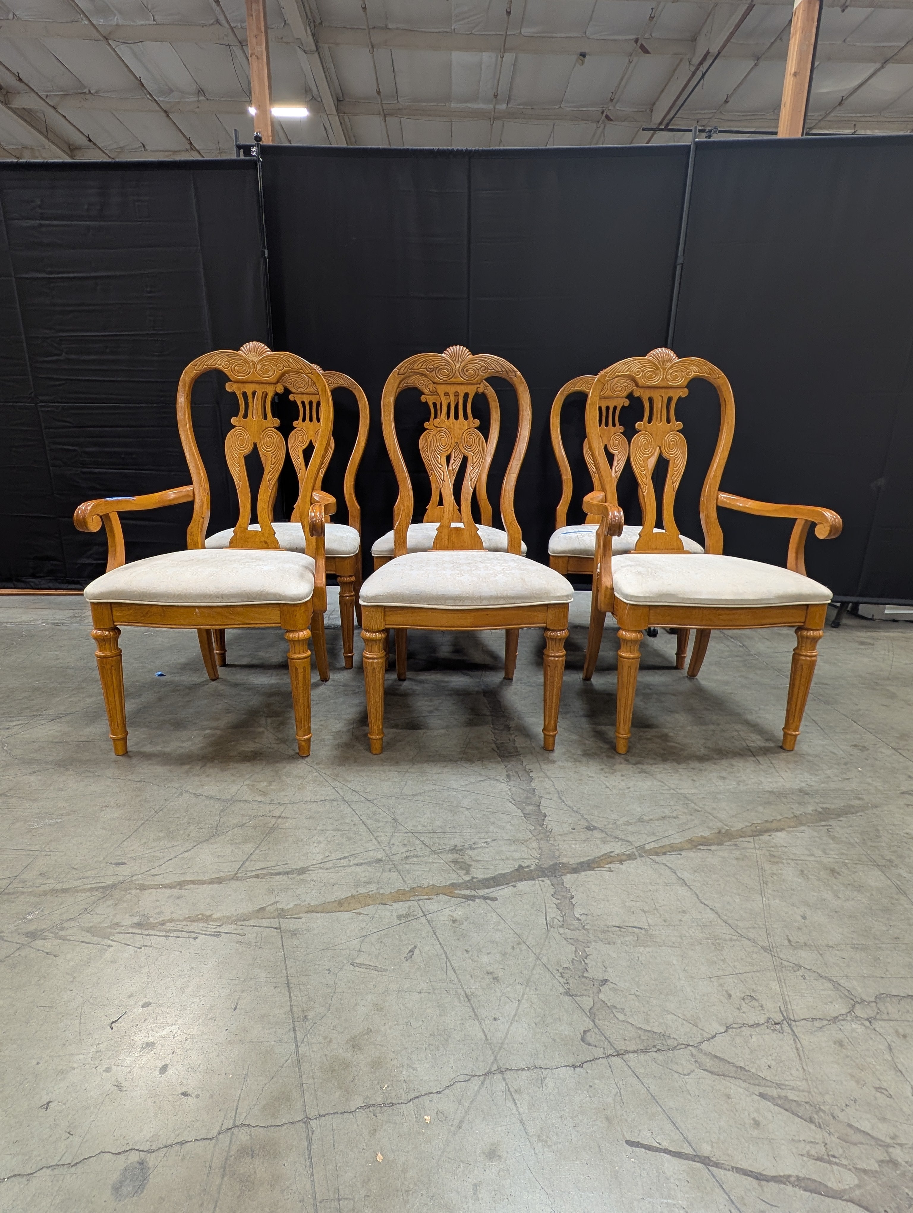 Set of Six Ornate Carved Wood Accent Chair with Upholstered Seat