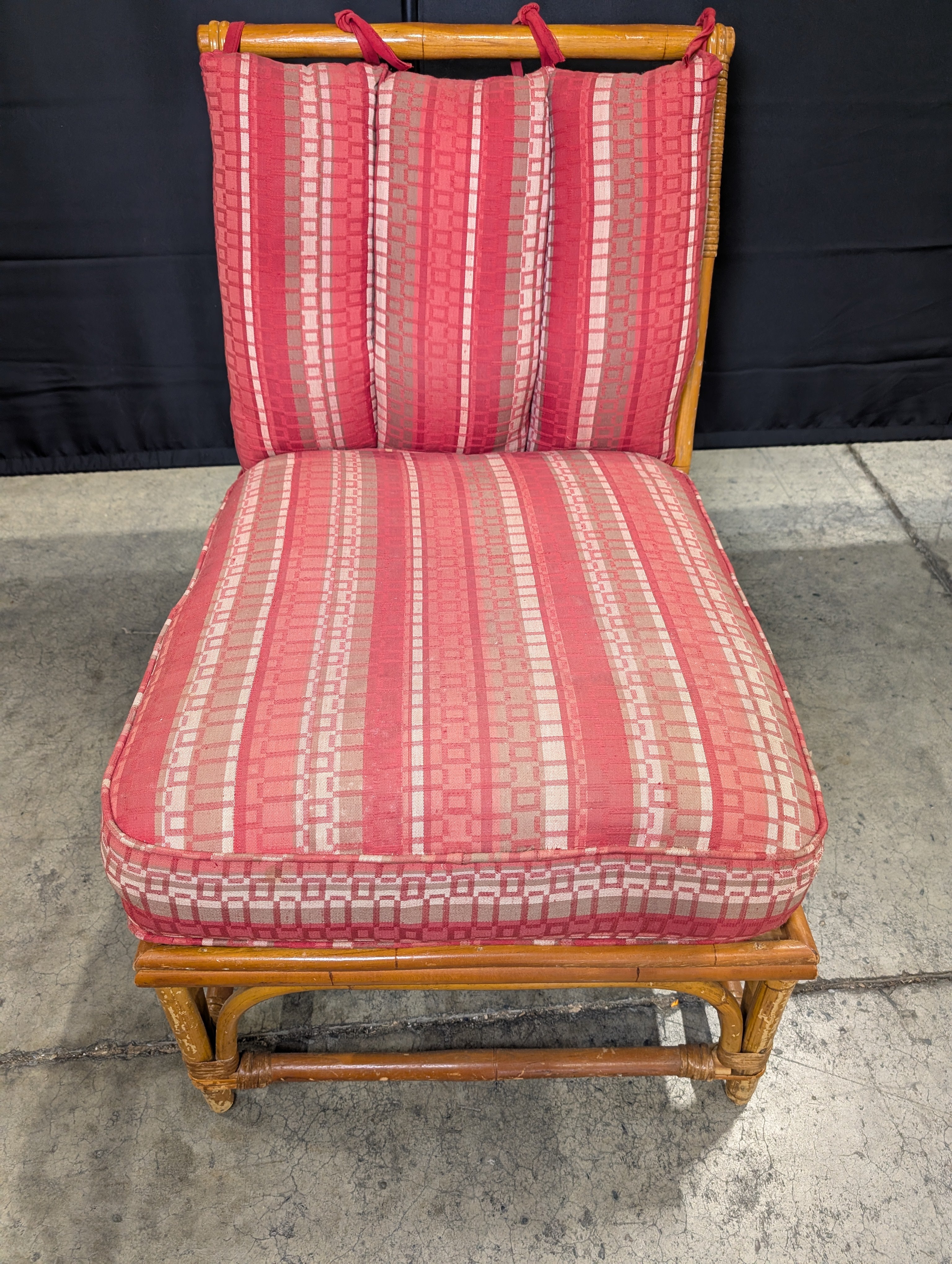 Vintage Bamboo Rattan Lounge Chair with Patterned Cushion