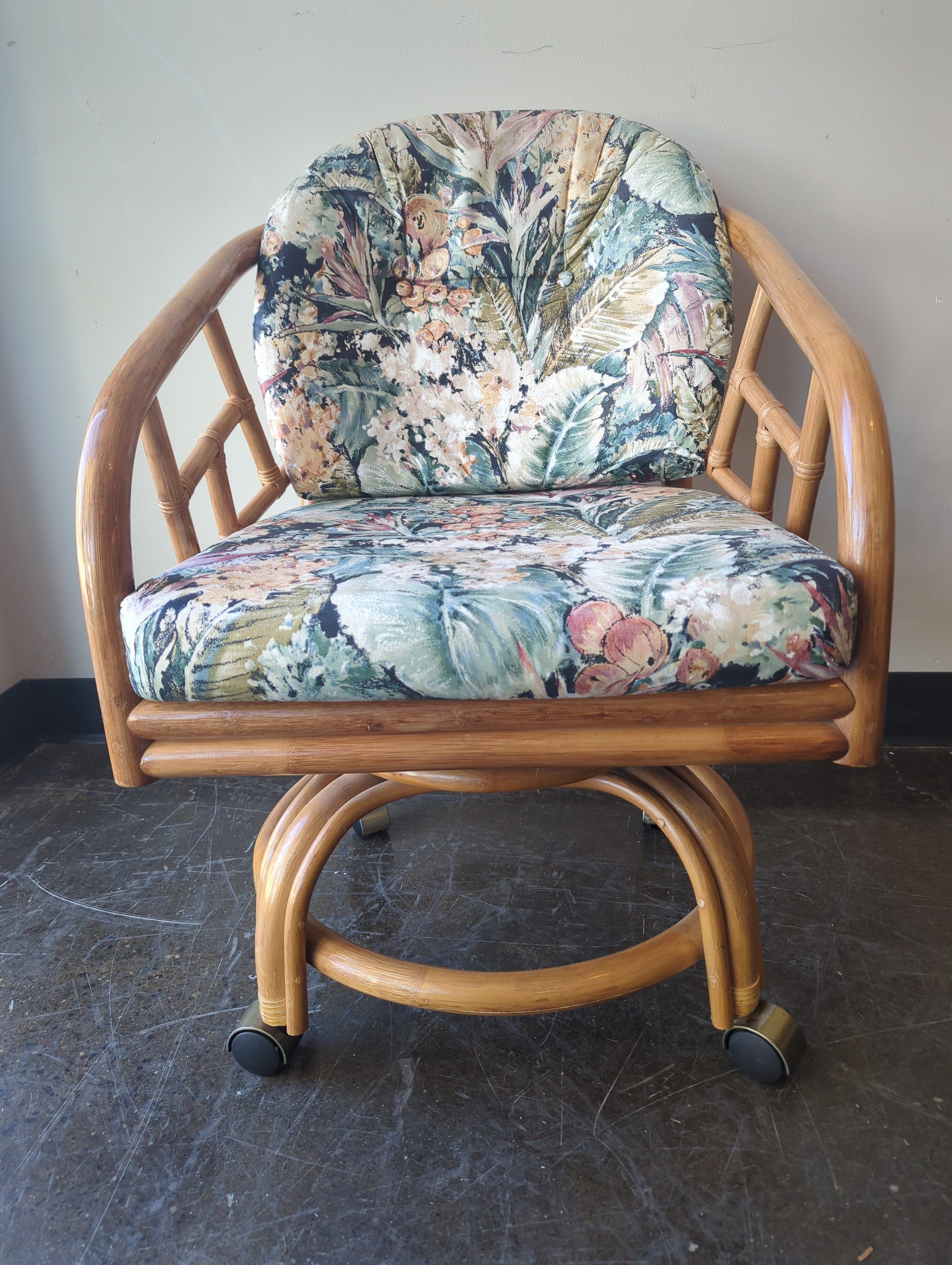 Vintage Rattan Armchair with Botanical Upholstery