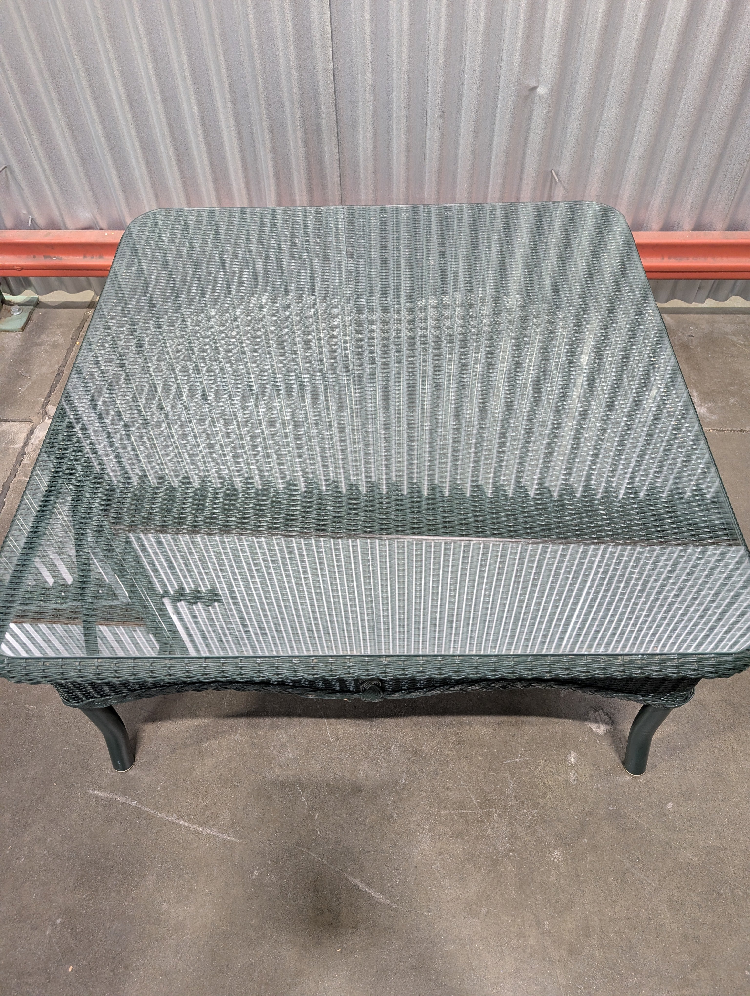 Large Green Resin Wicker Woven Outdoor Table with Glass Top