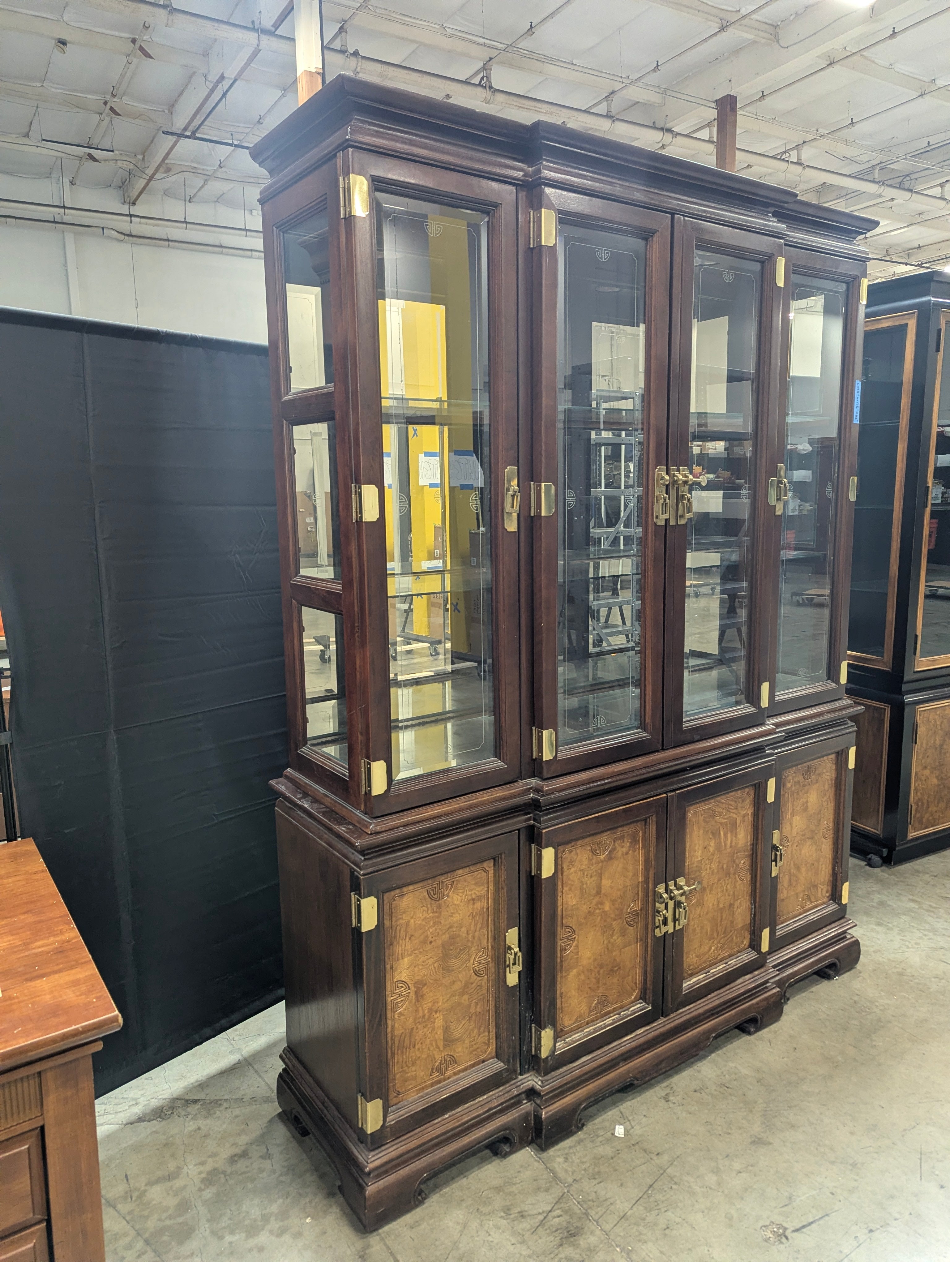 Dark Wood Glass Display Cabinet with Burl Wood Panels