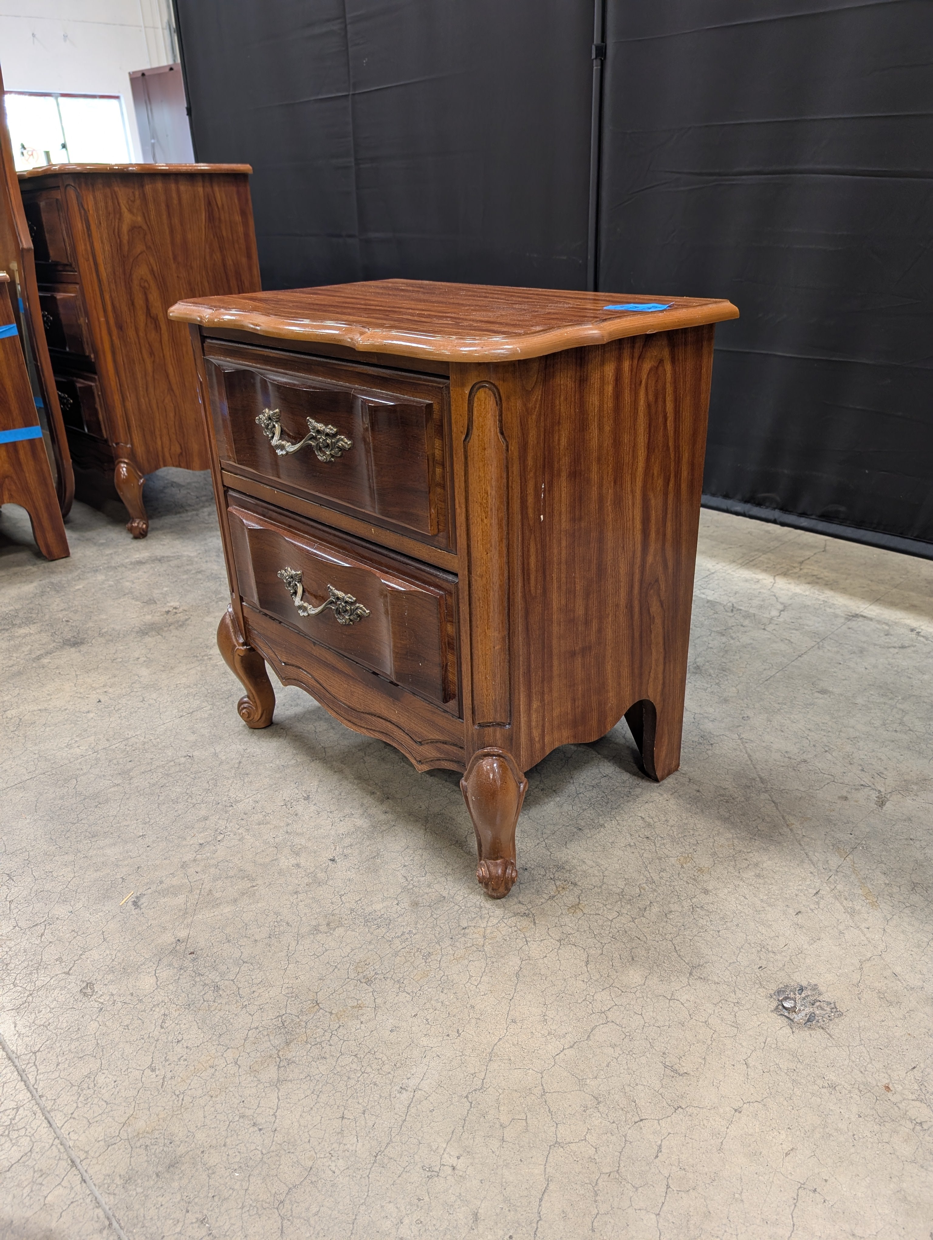 French Provincial Style Wood Bedside Table with Ornate Hardware