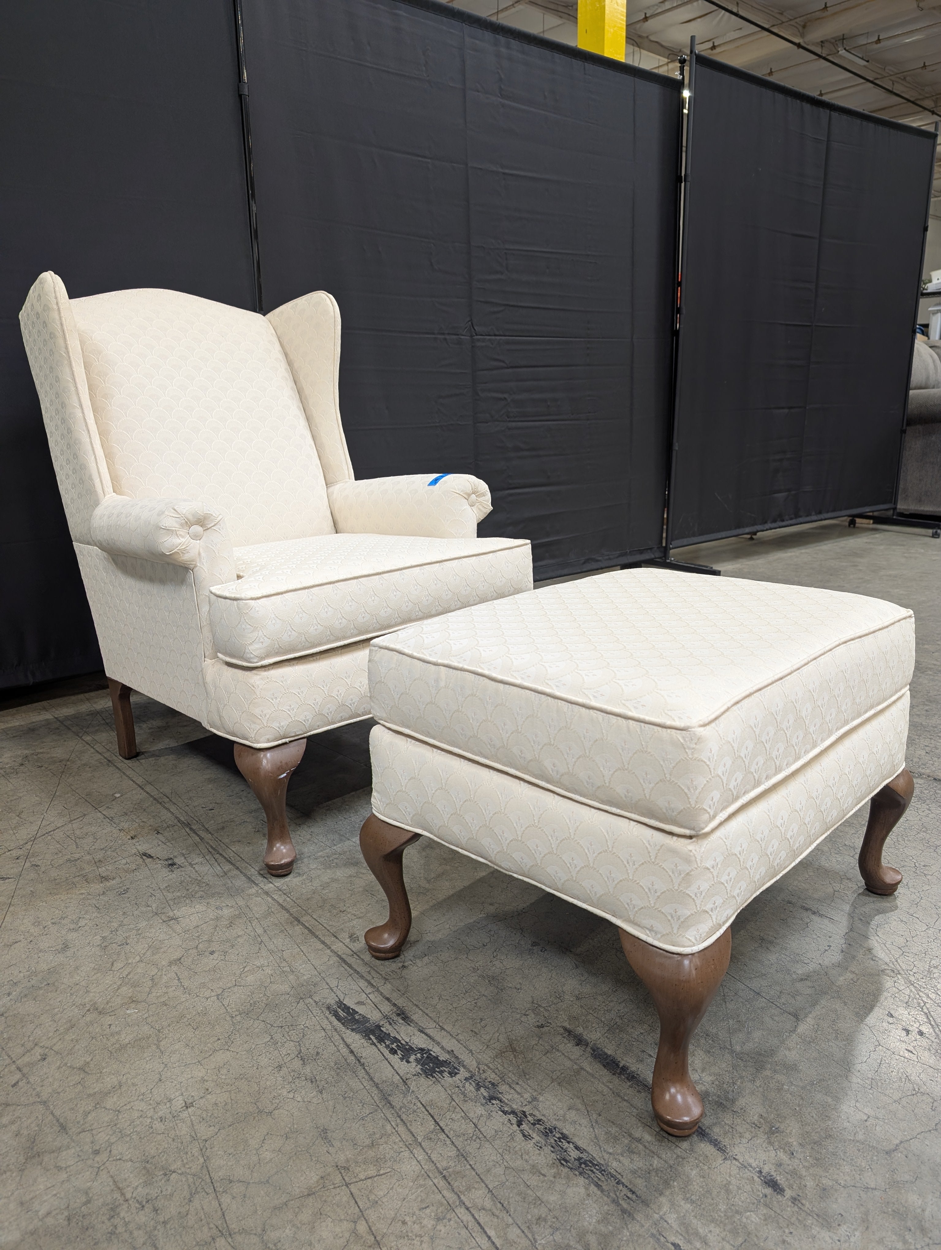 Classic Cream Patterned Wingback Armchair and Ottoman Set