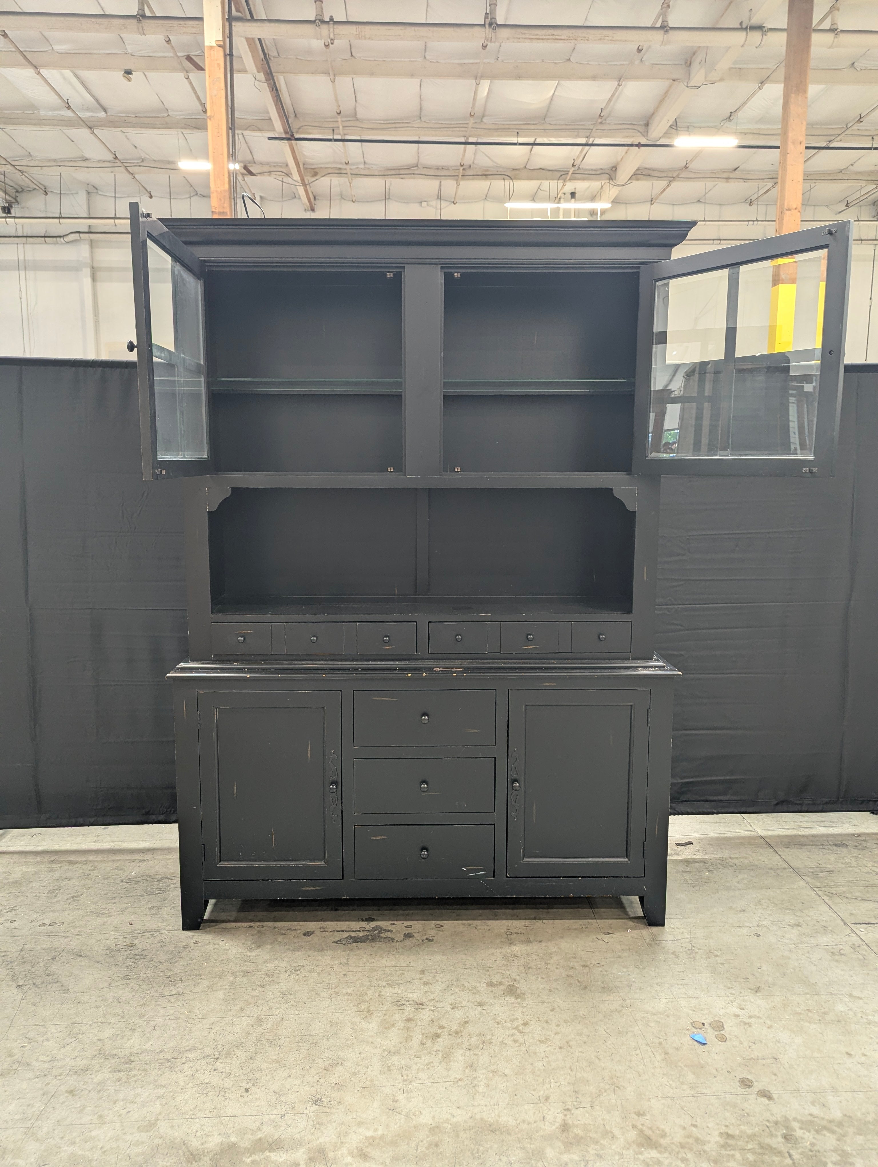 Large Black Farmhouse Display Hutch Cabinet
