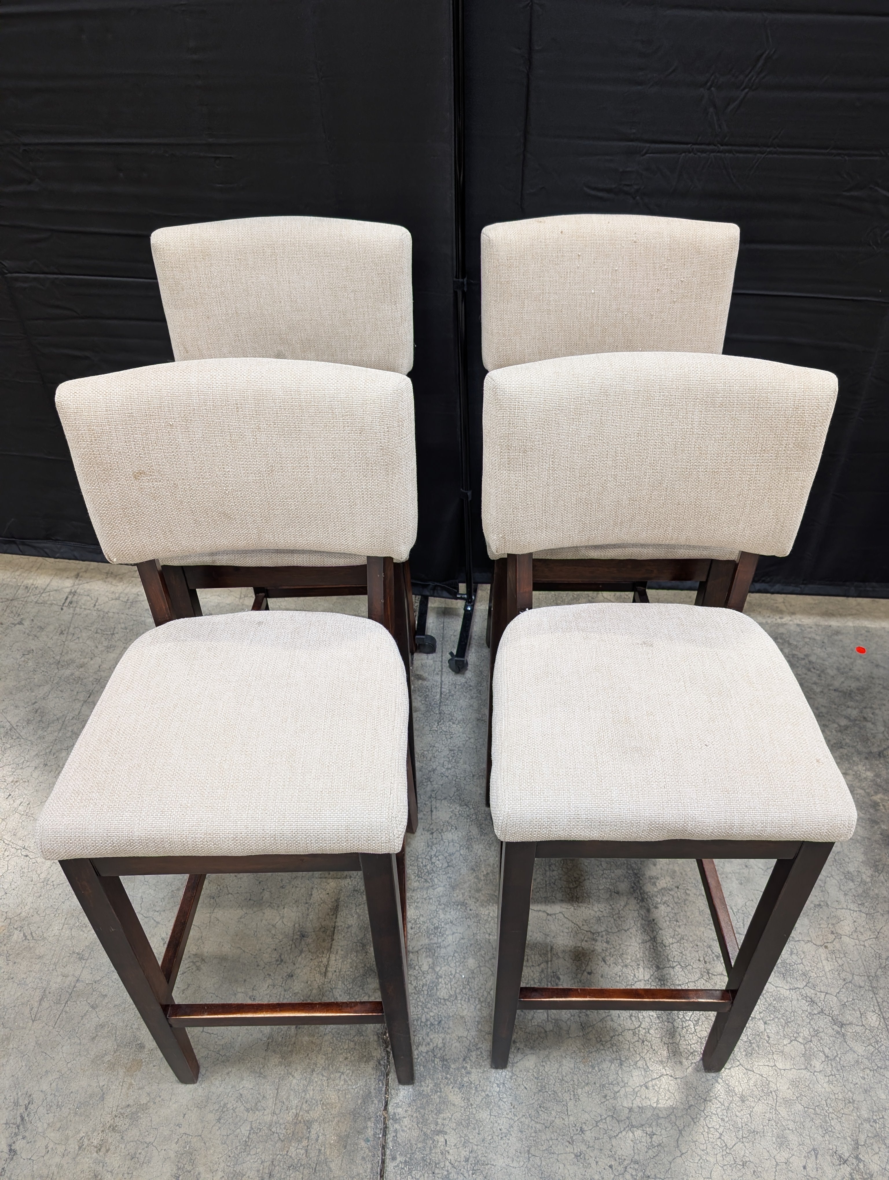 Set of Four Beige Fabric Upholstered Bar Height Dark Wood Dining Chairs
