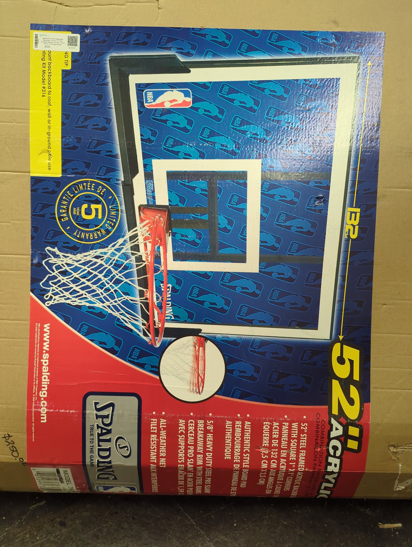 Spalding 52" Acrylic Basketball Backboard, 3 Piece, 3.5" Pole, Accolade 6A Base, Pro Slam, Board Pad (In 2 Damaged Boxes)