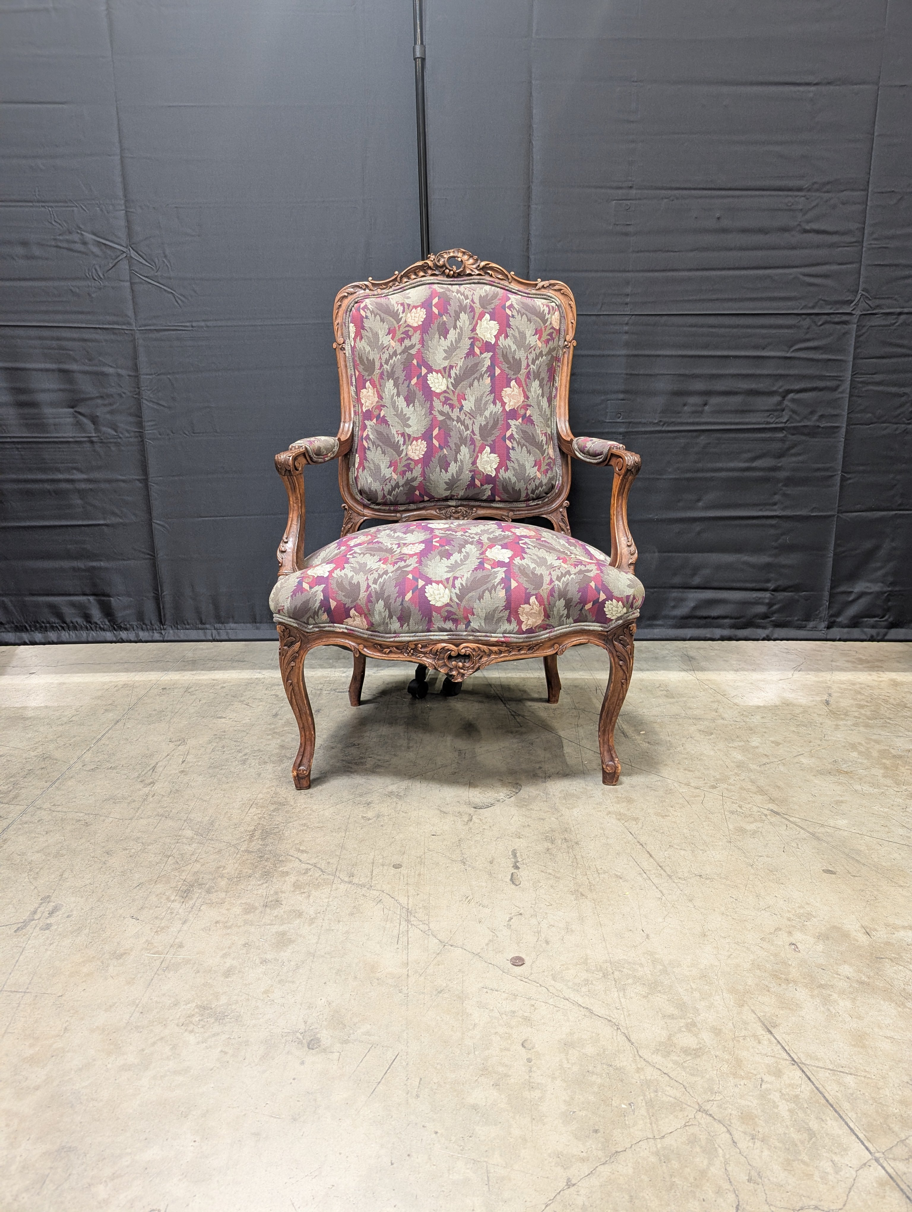 Vintage Carved Wood Armchair with Botanical Upholstery