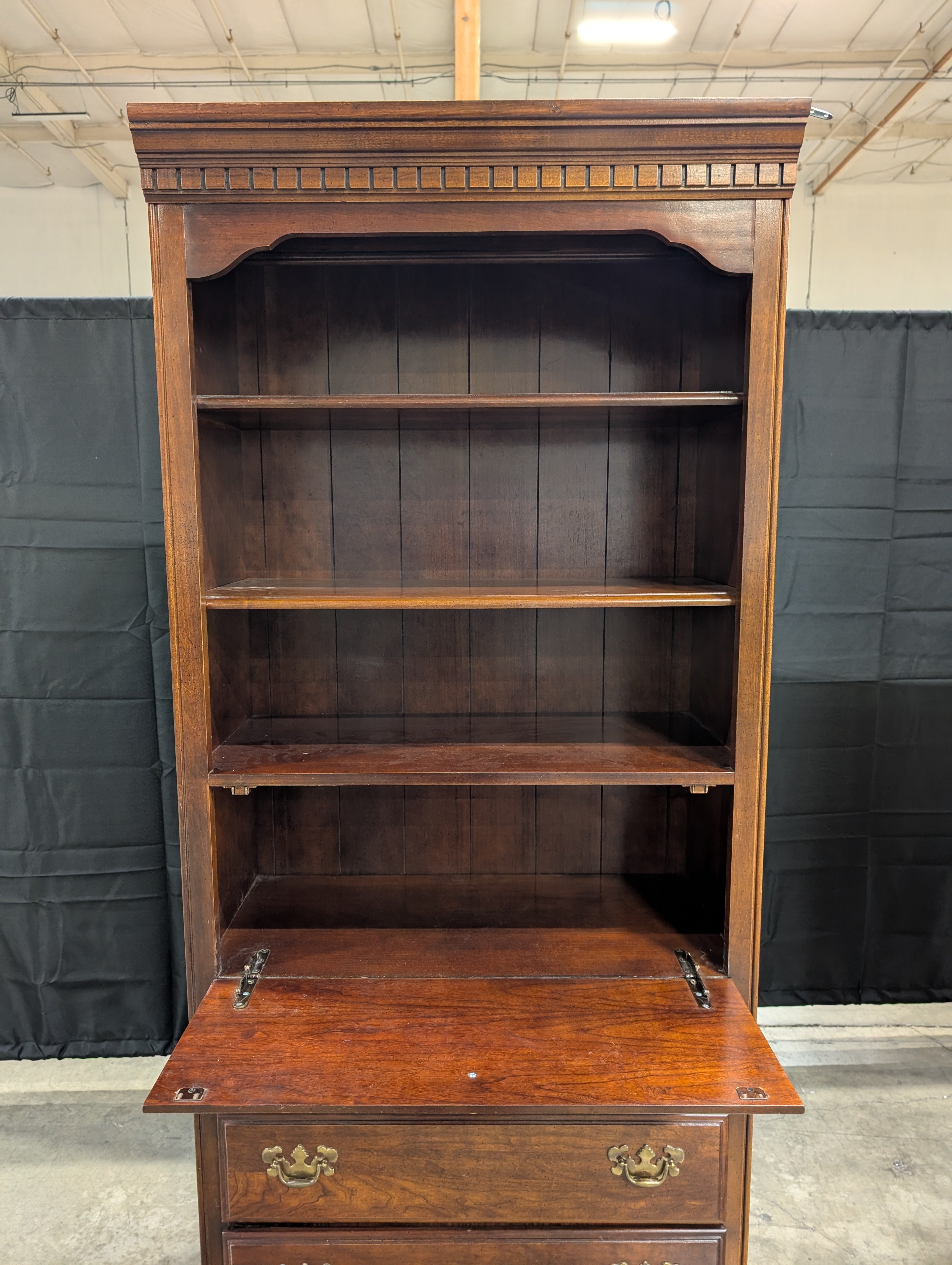 Classic Cherry-Stained Hardwood Bookcase with Storage Drawers