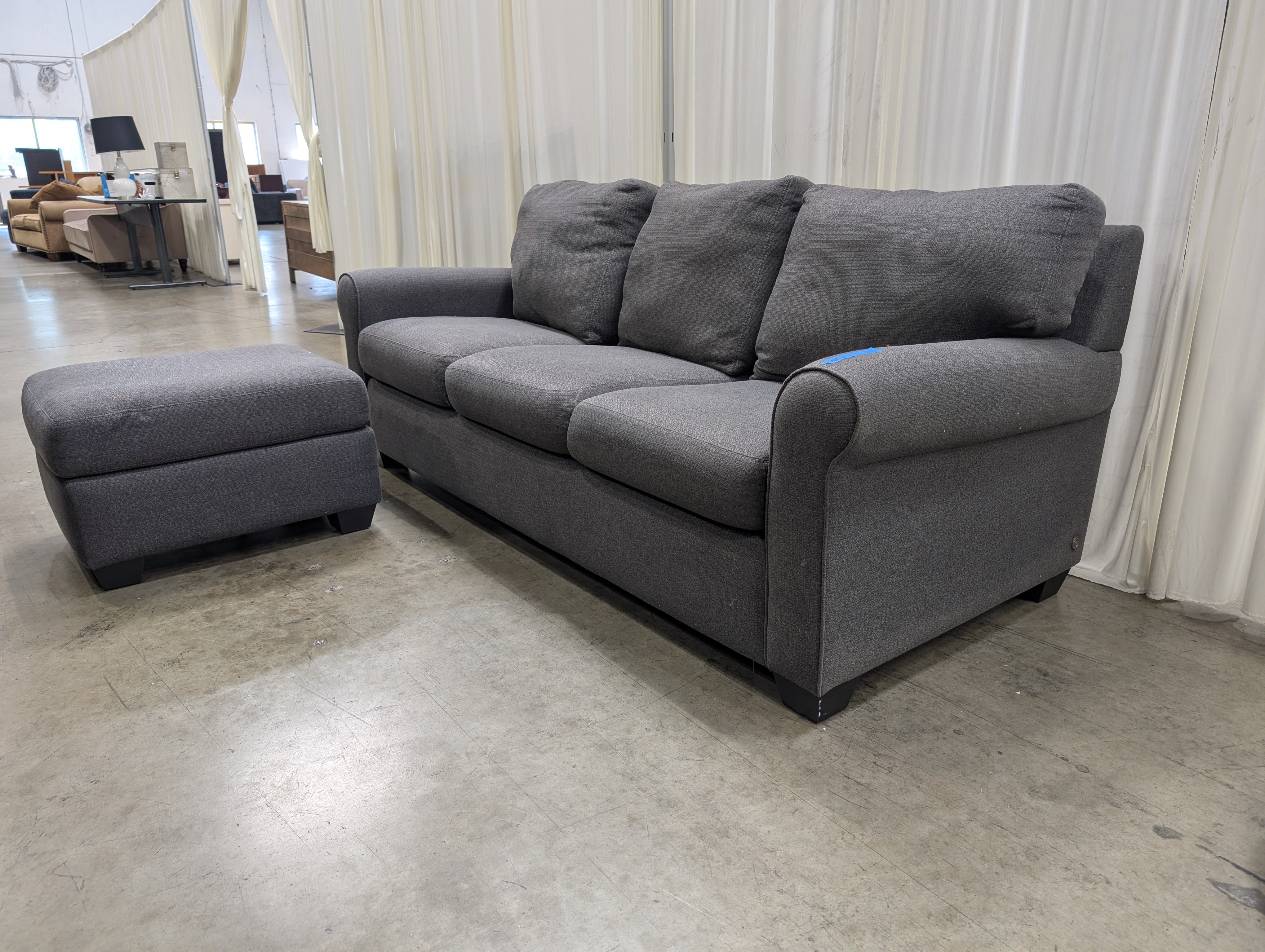 American Leather Charcoal Grey Rolled Arm Sofa & Ottoman Set - Made in USA