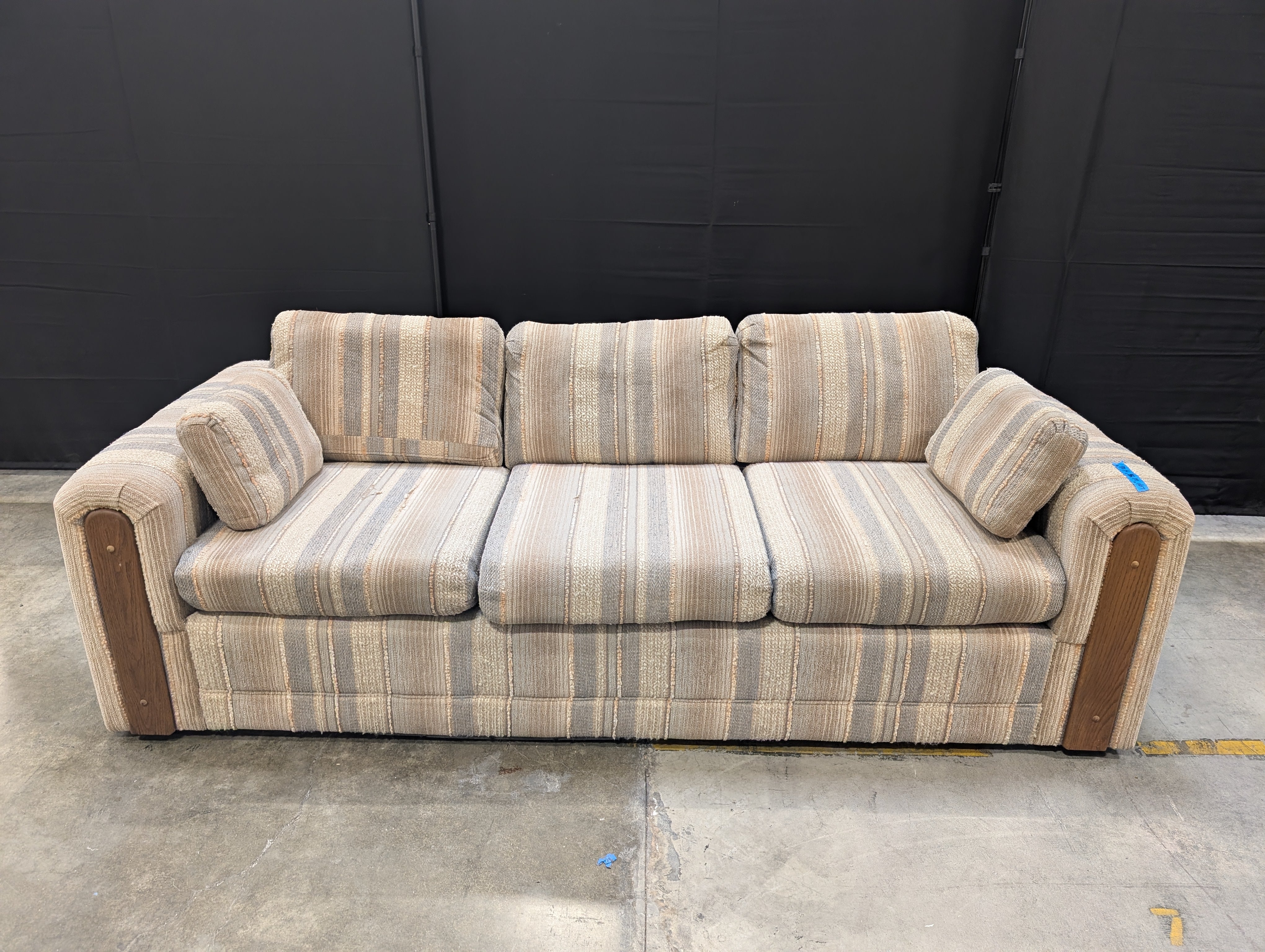 Striped Fabric Three-Seater Sofa with Wood Arm Accents