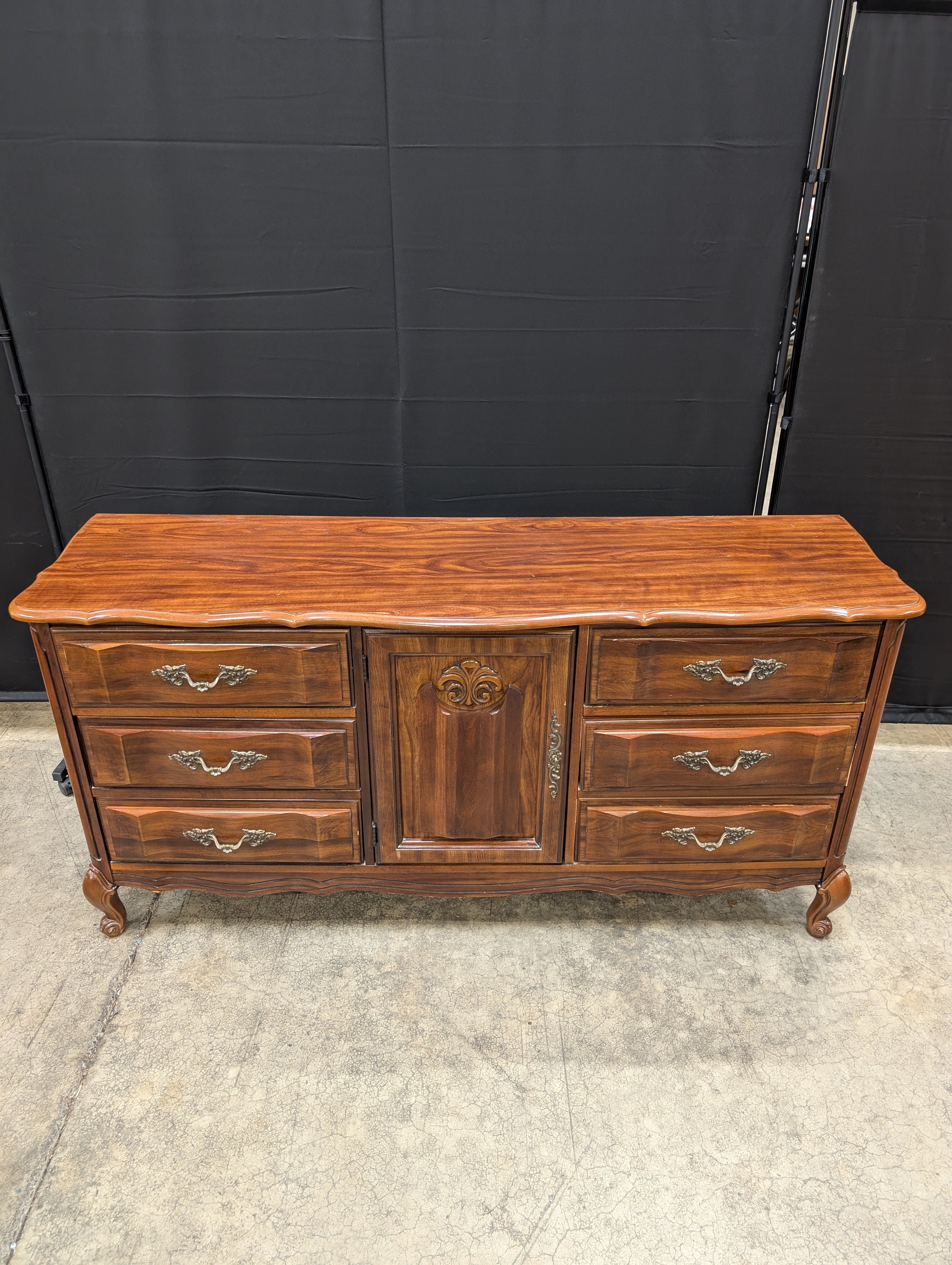 Vintage Rococo Revival Dark Wood Dresser with Ornate Mirror