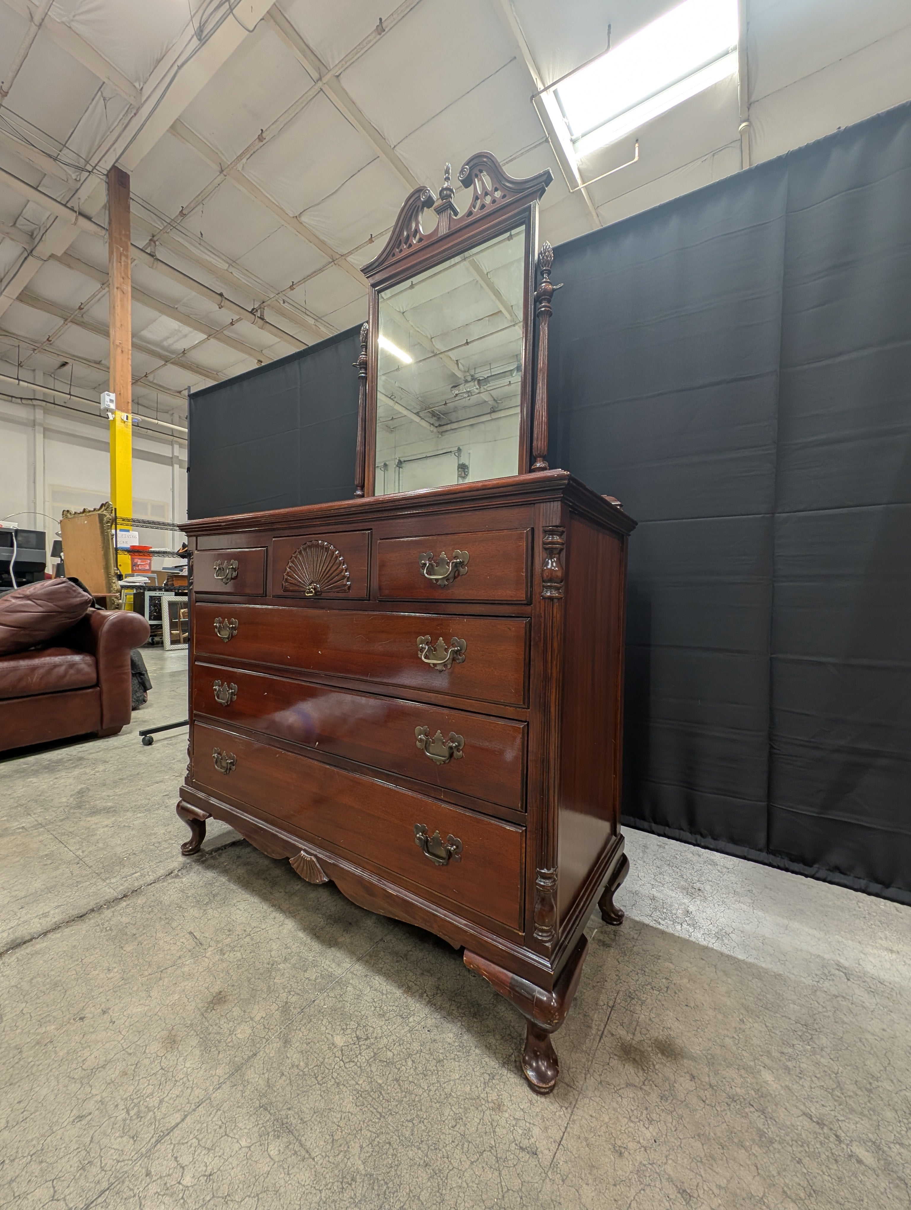 Traditional Carved Wood Dresser with Attached Mirror
