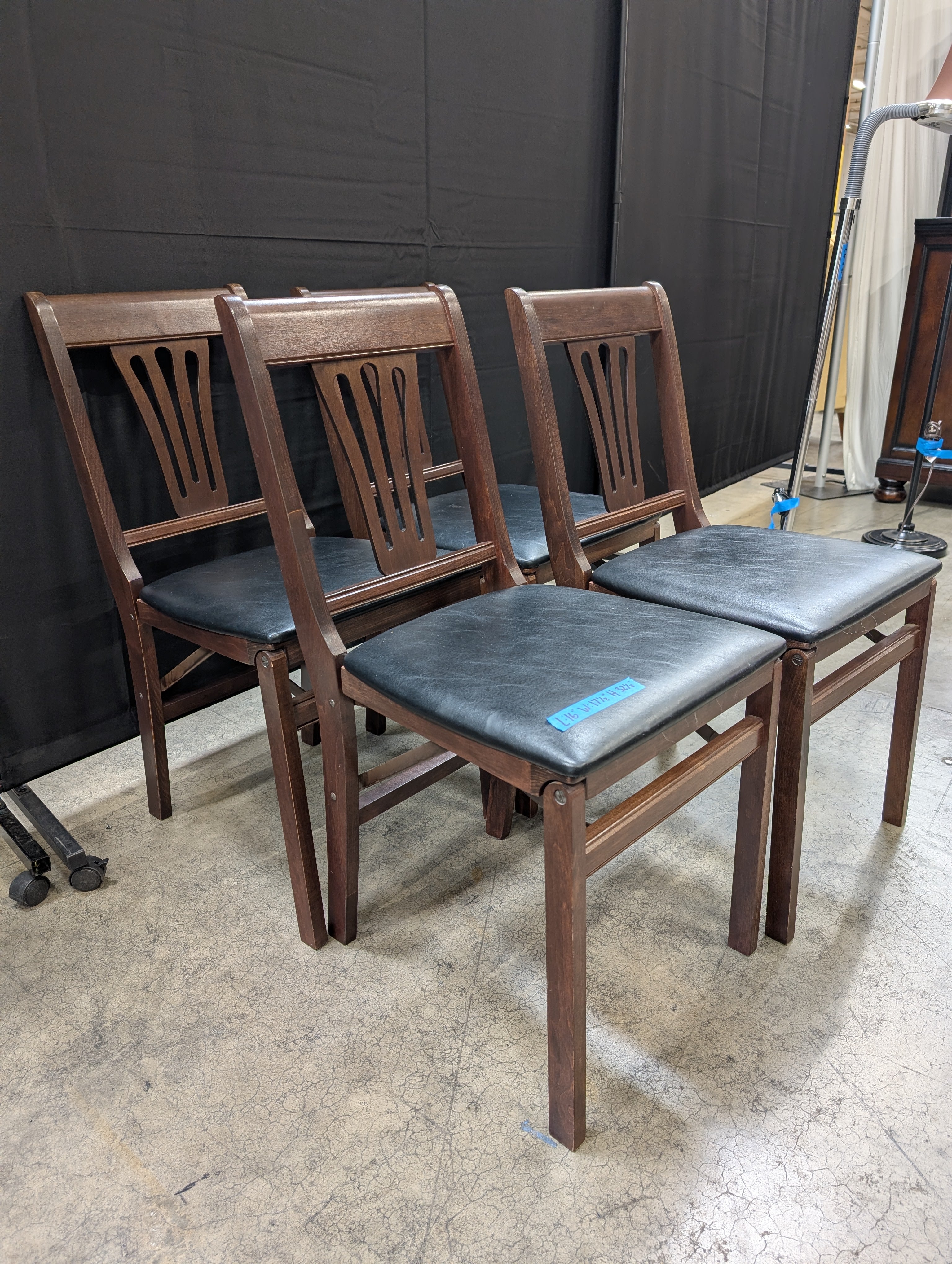Set of Four Dark Brown Wood Folding Dining Chair with Black Seat