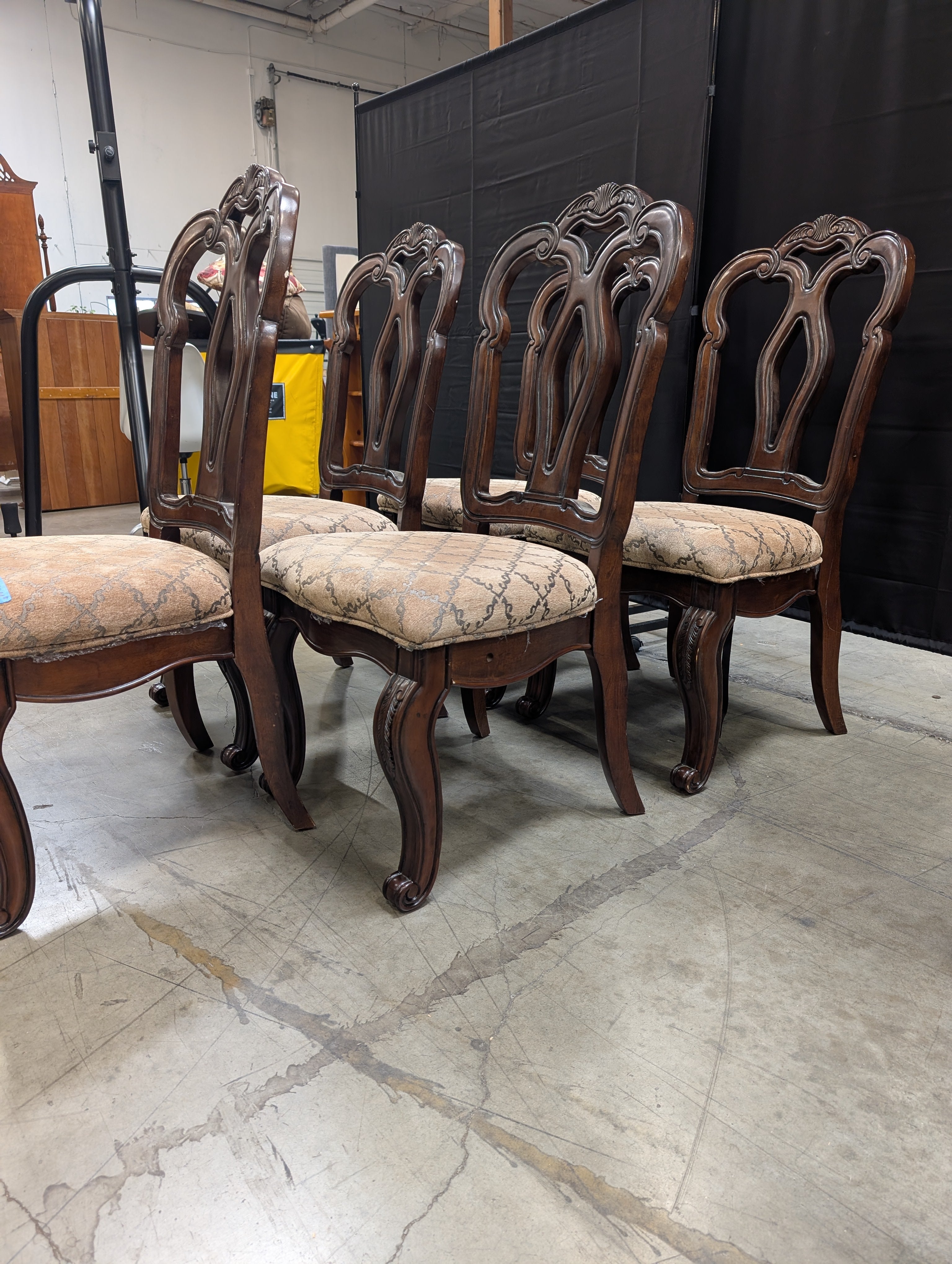 Set of Four Ornate Carved Wood Dining Chair with Patterned Upholstered Seat