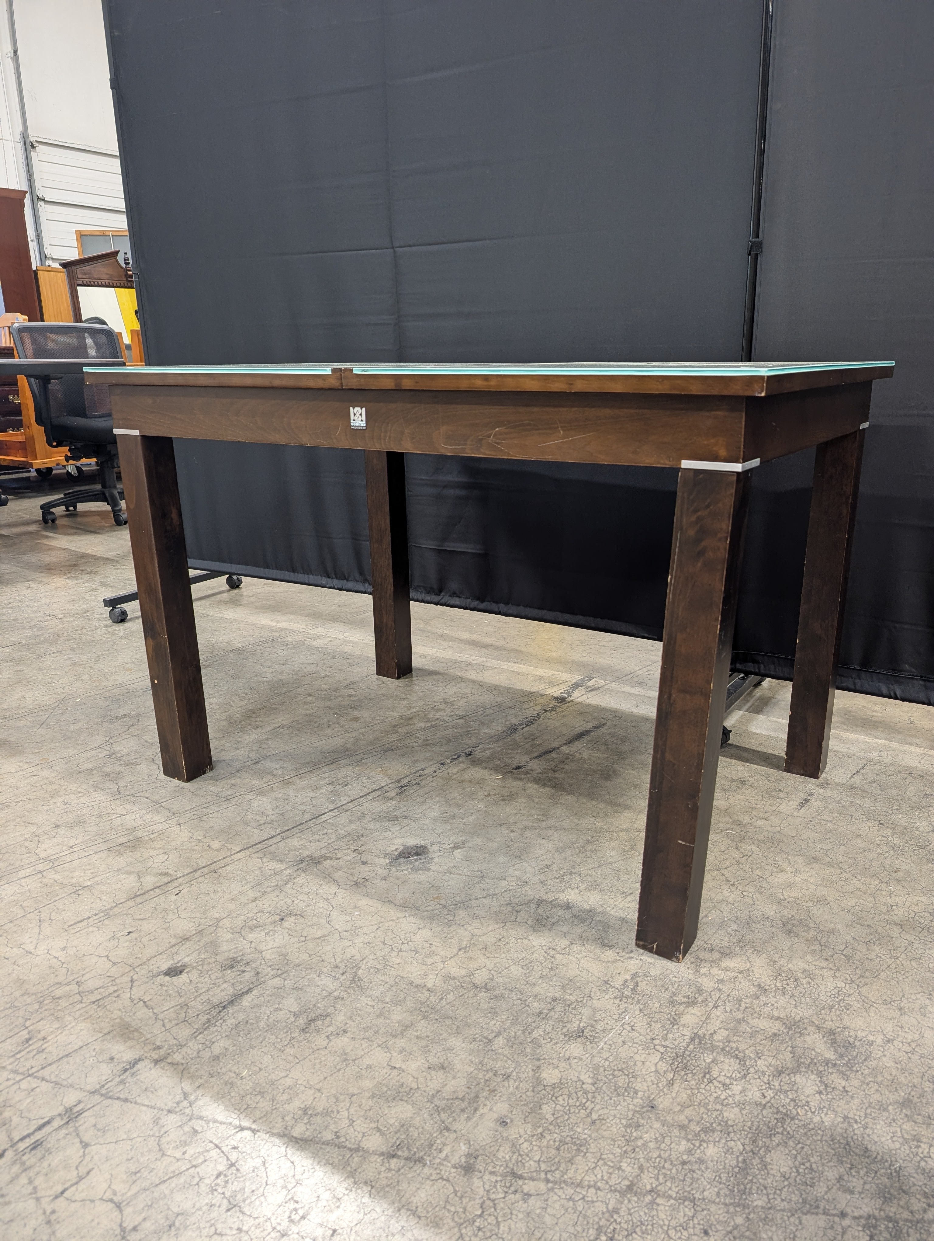 Contemporary Wood and Frosted Glass Dining Table with Built in Leaf