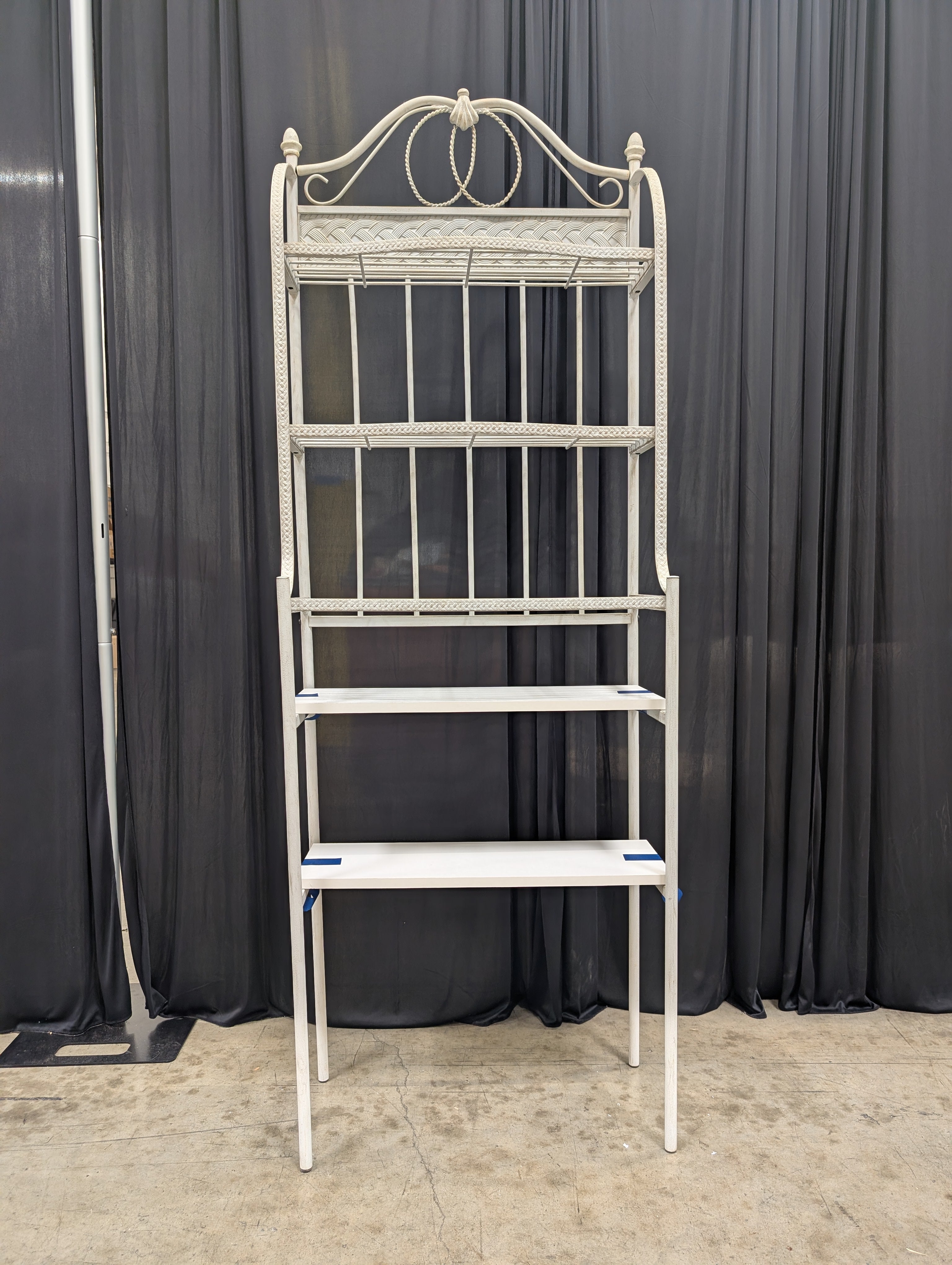 Ornate Distressed Cream Metal Baker's Rack