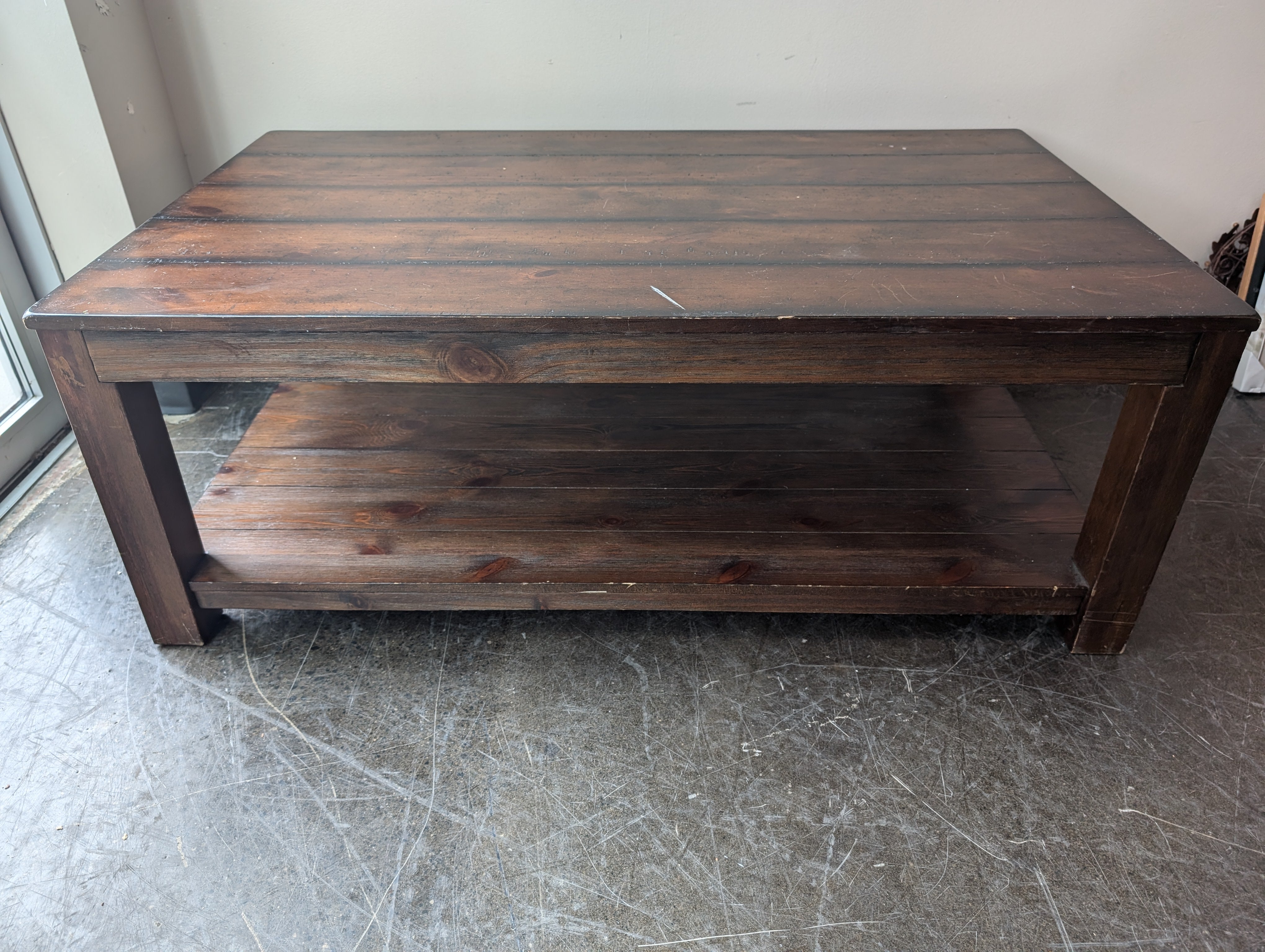 Rustic Wood Plank Top Coffee Table with Lower Shelf