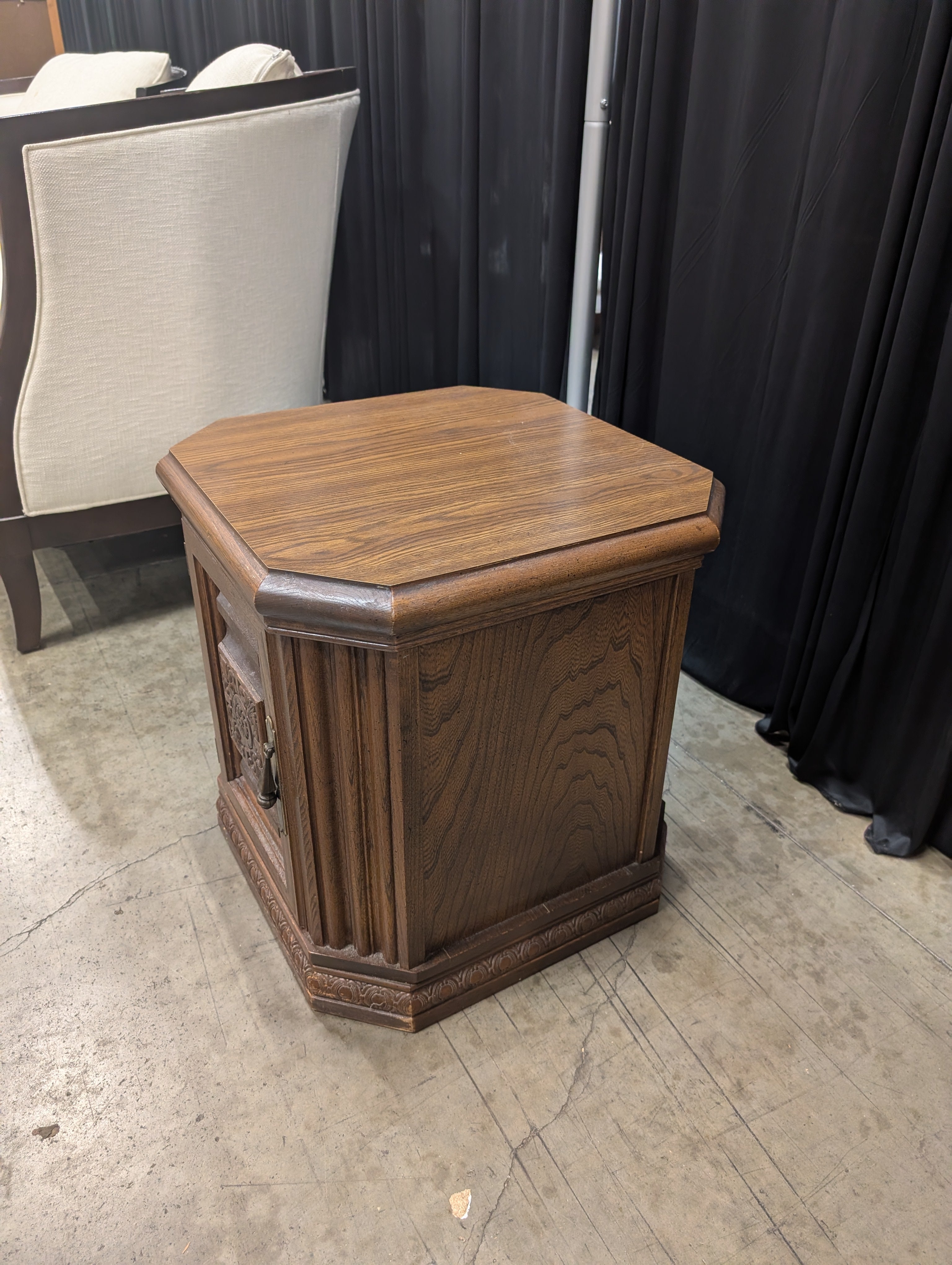 Vintage Hexagonal Wood End Table with Carved Door