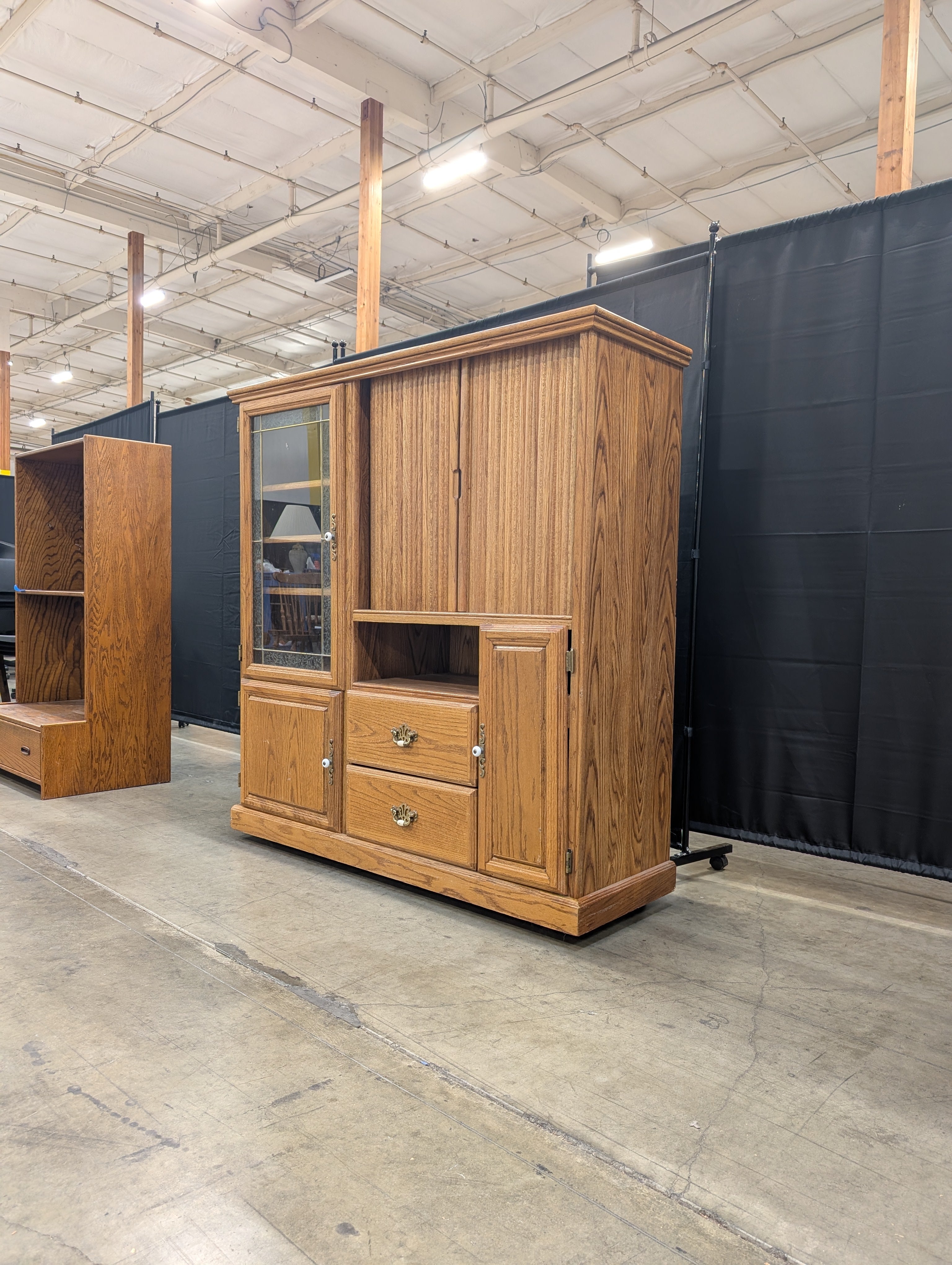Sturdy Oak Wood Media Console Hutch with Glass Display