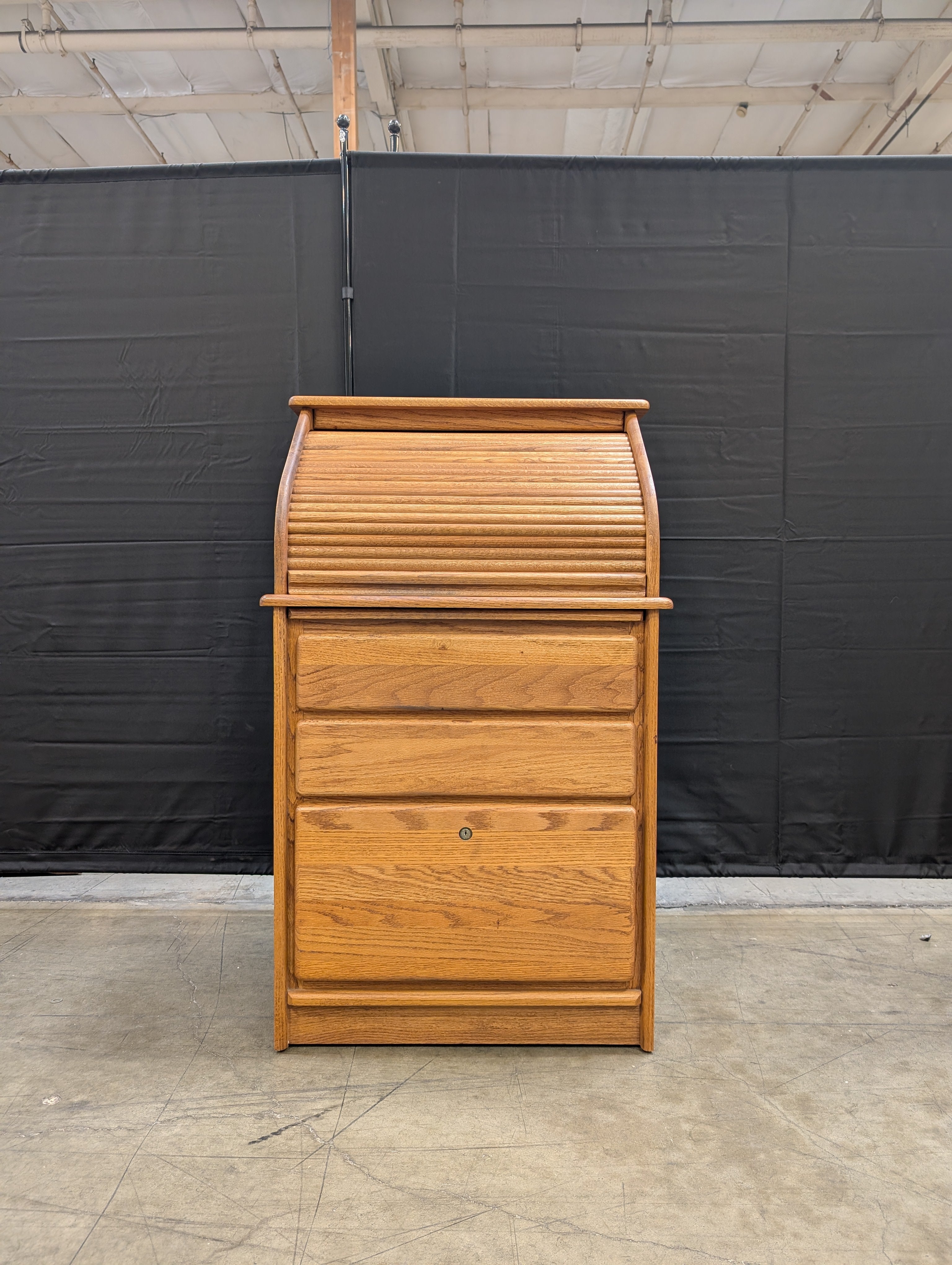 Solid Oak Roll Top Secretary Desk with Storage Drawers