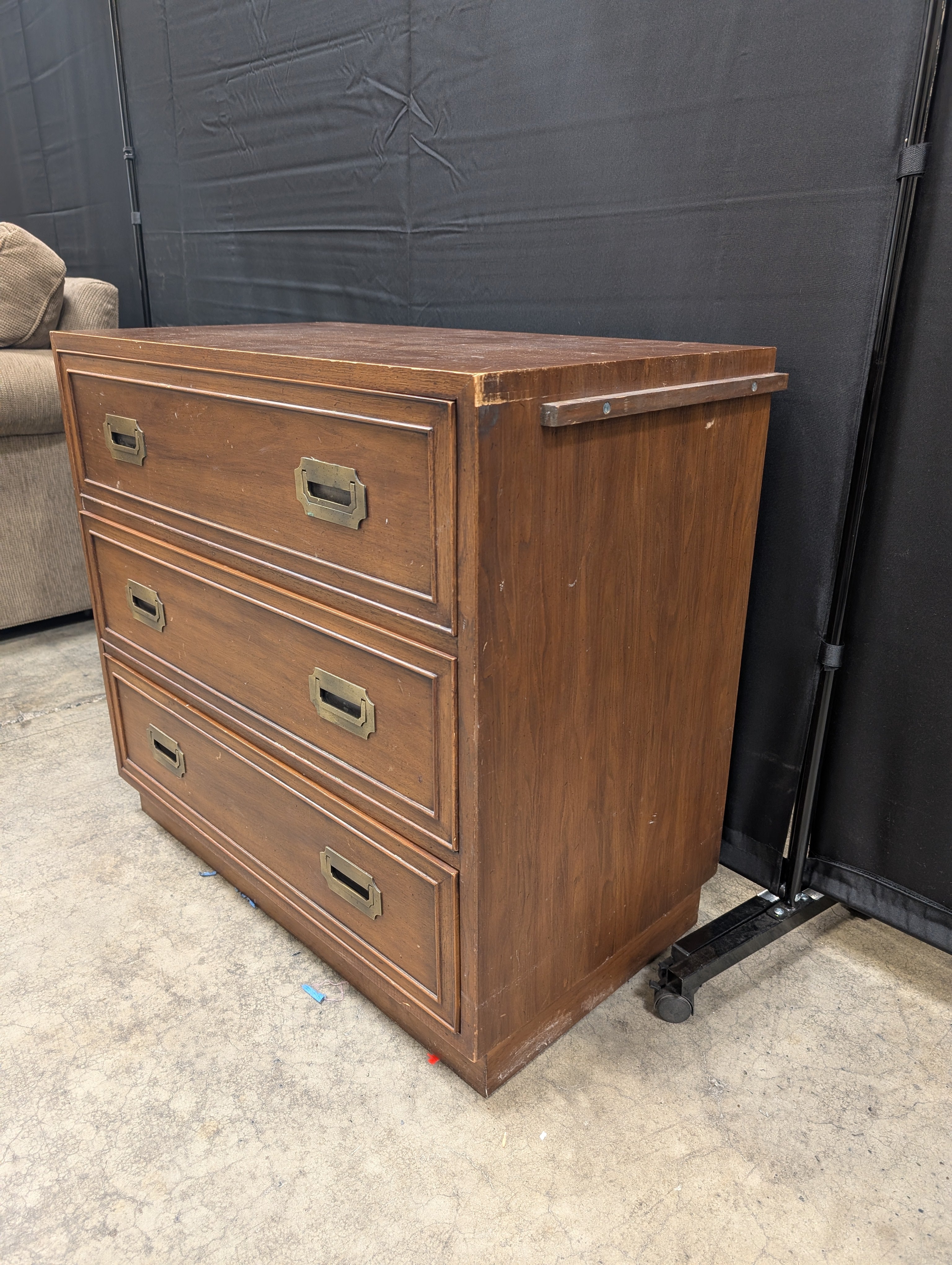 HEKMAN Campaign Style Three-Drawer Dresser with Brass Hardware