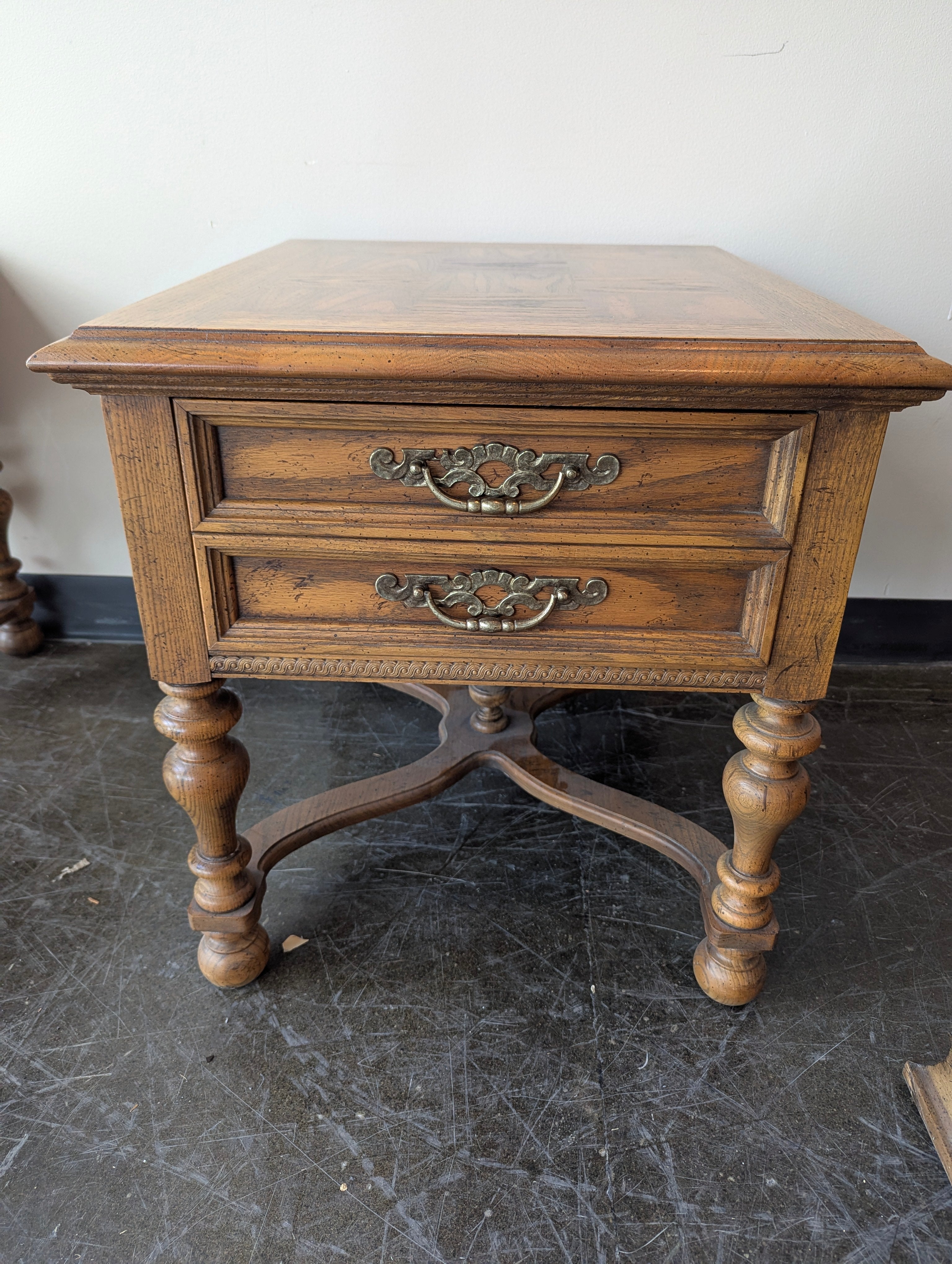 Vintage Carved Wood Two-Drawer Nightstand