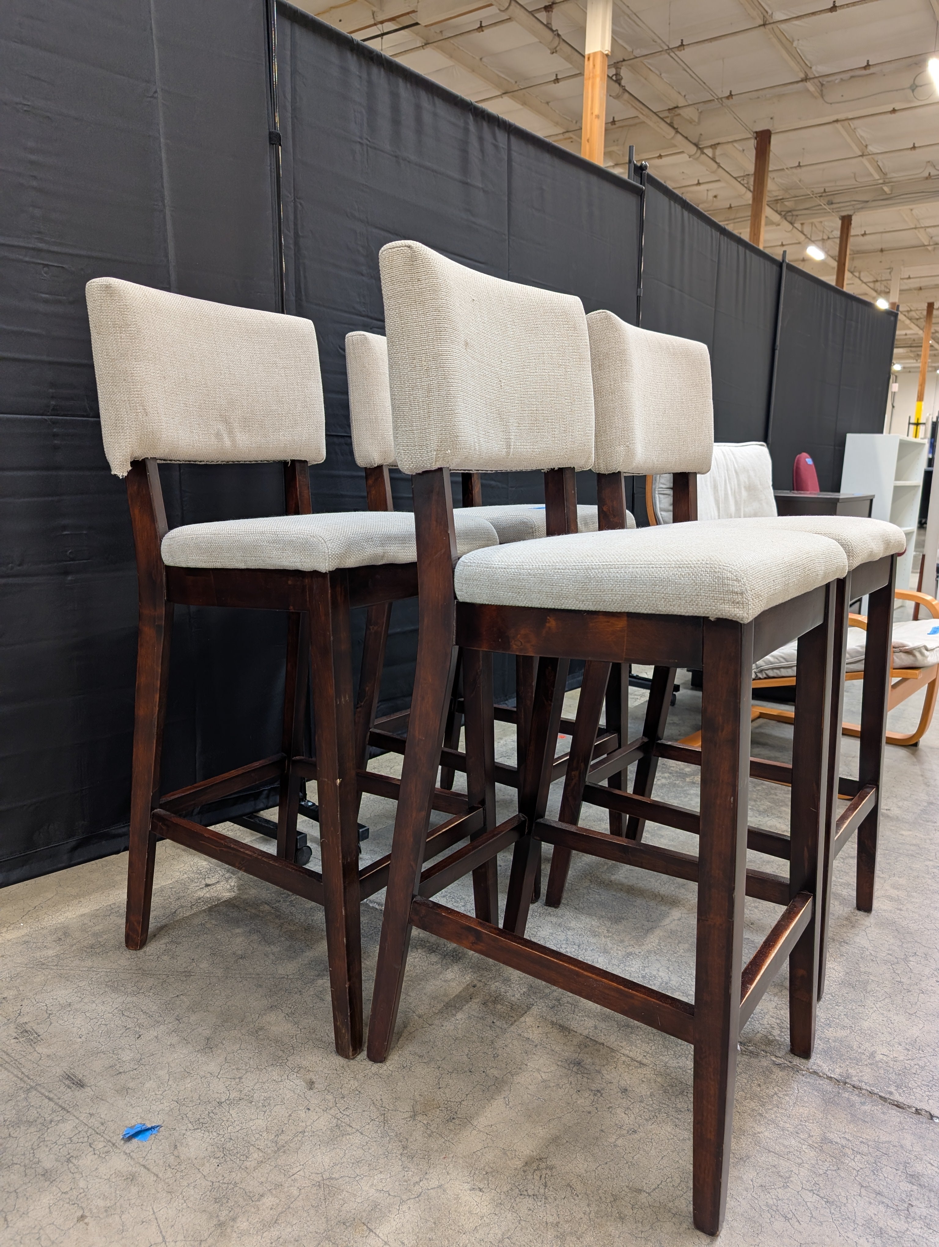 Set of Four Beige Fabric Upholstered Bar Height Dark Wood Dining Chairs