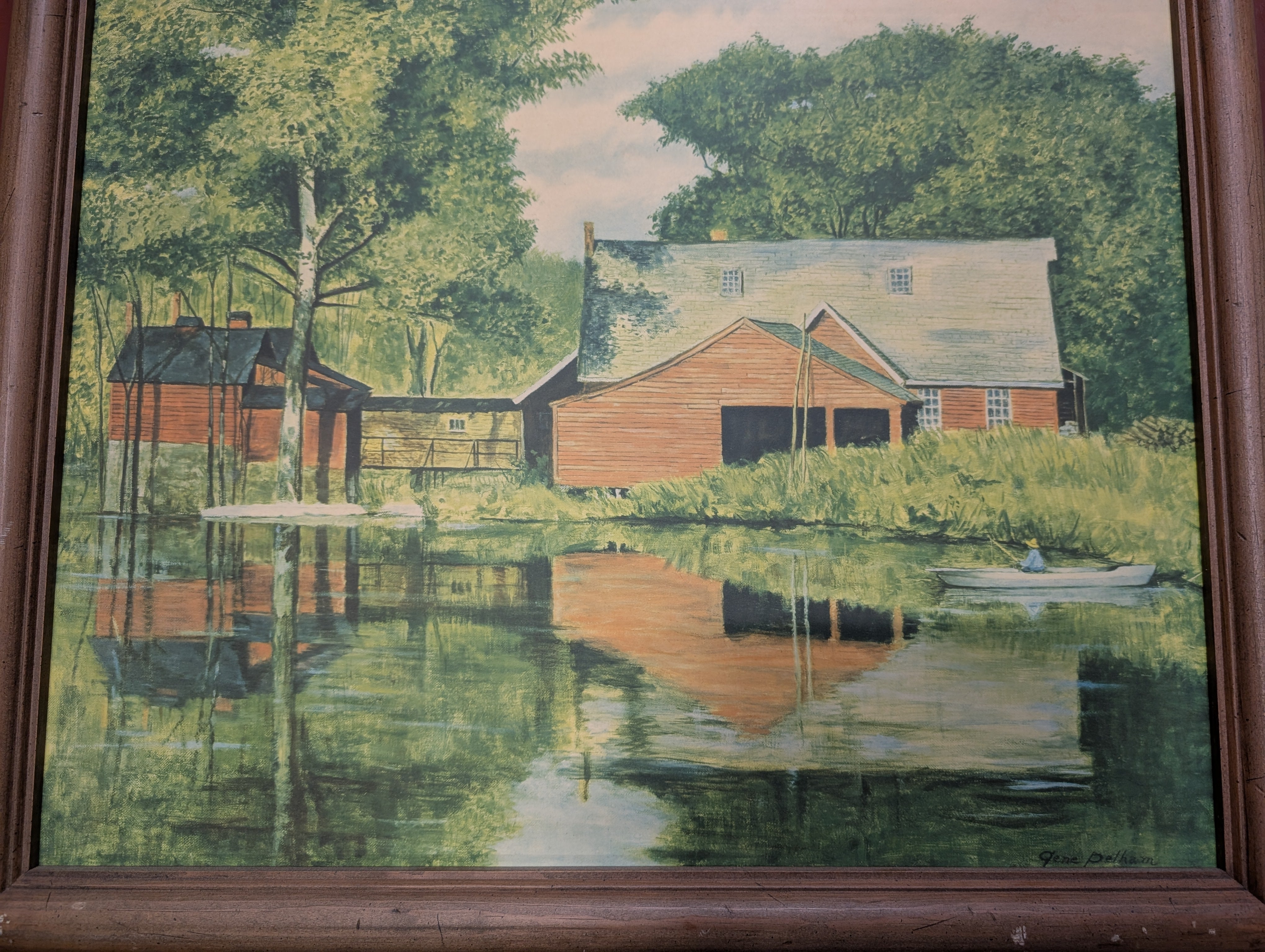 Rustic Barn Lakeside Landscape Art Print in Multi-Tone Frame