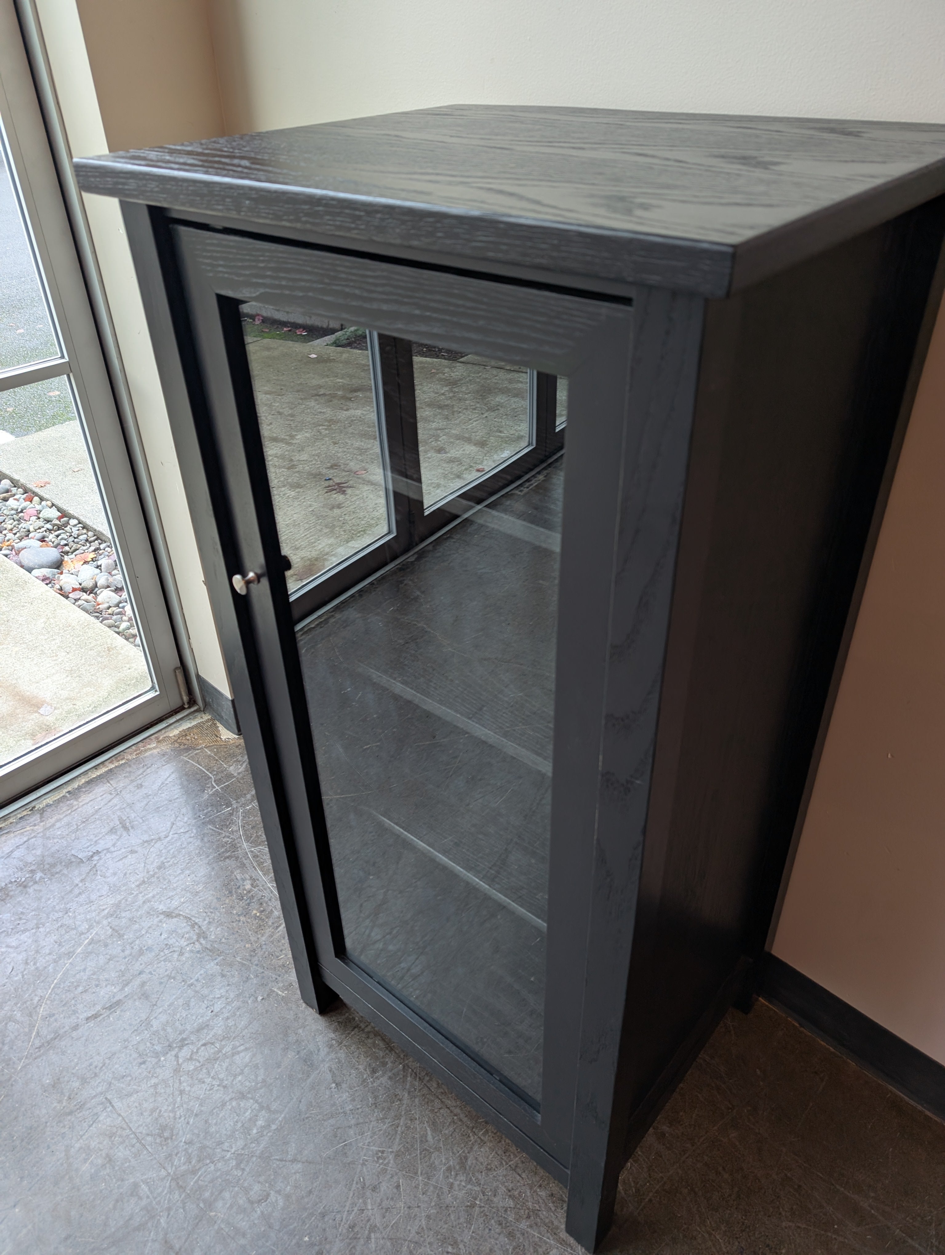 Functional Dark Wood Speaker Storage Cabinet with Glass Door