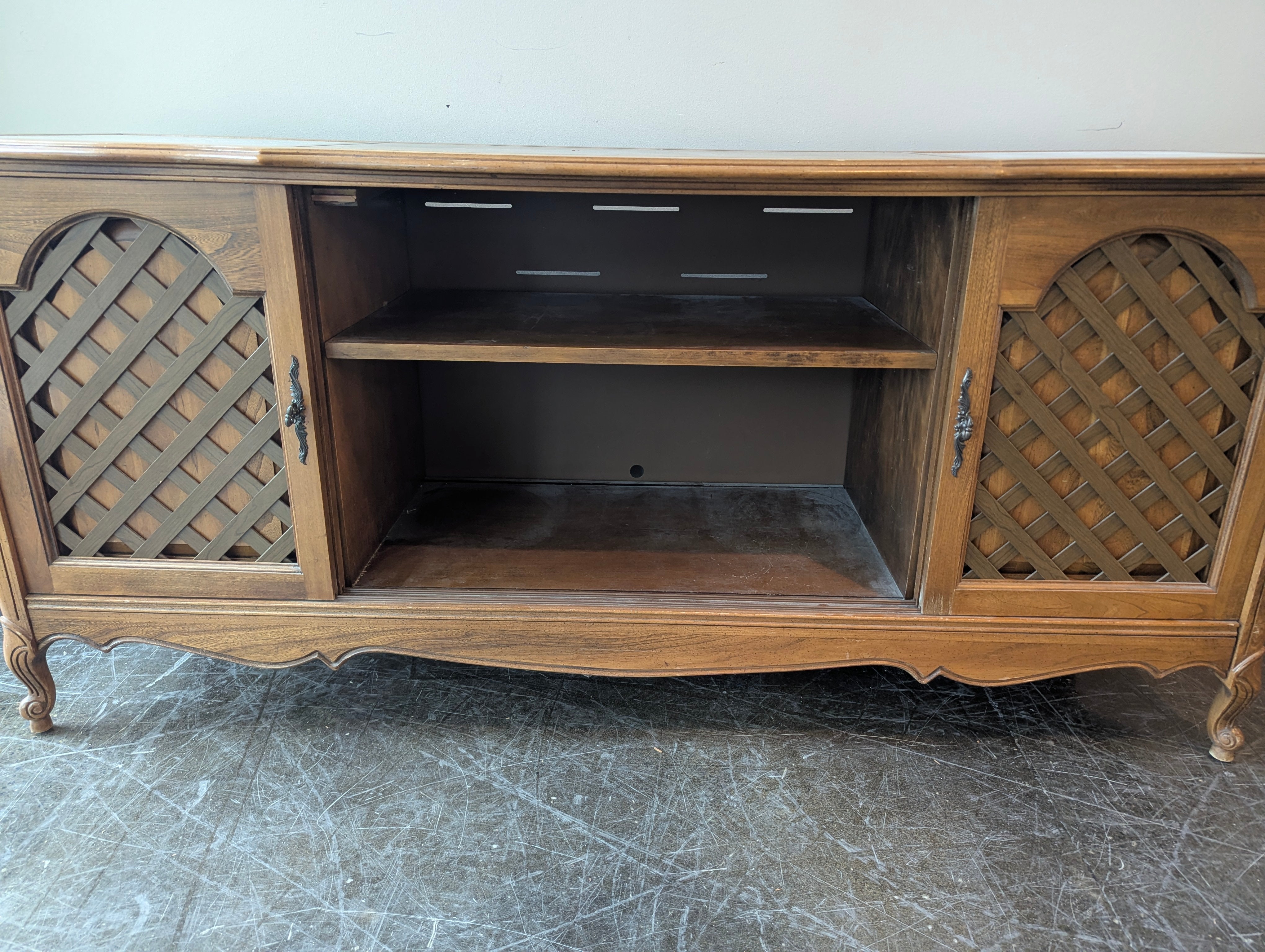 Vintage Wood Sideboard with Lattice Doors and Stone Inlays