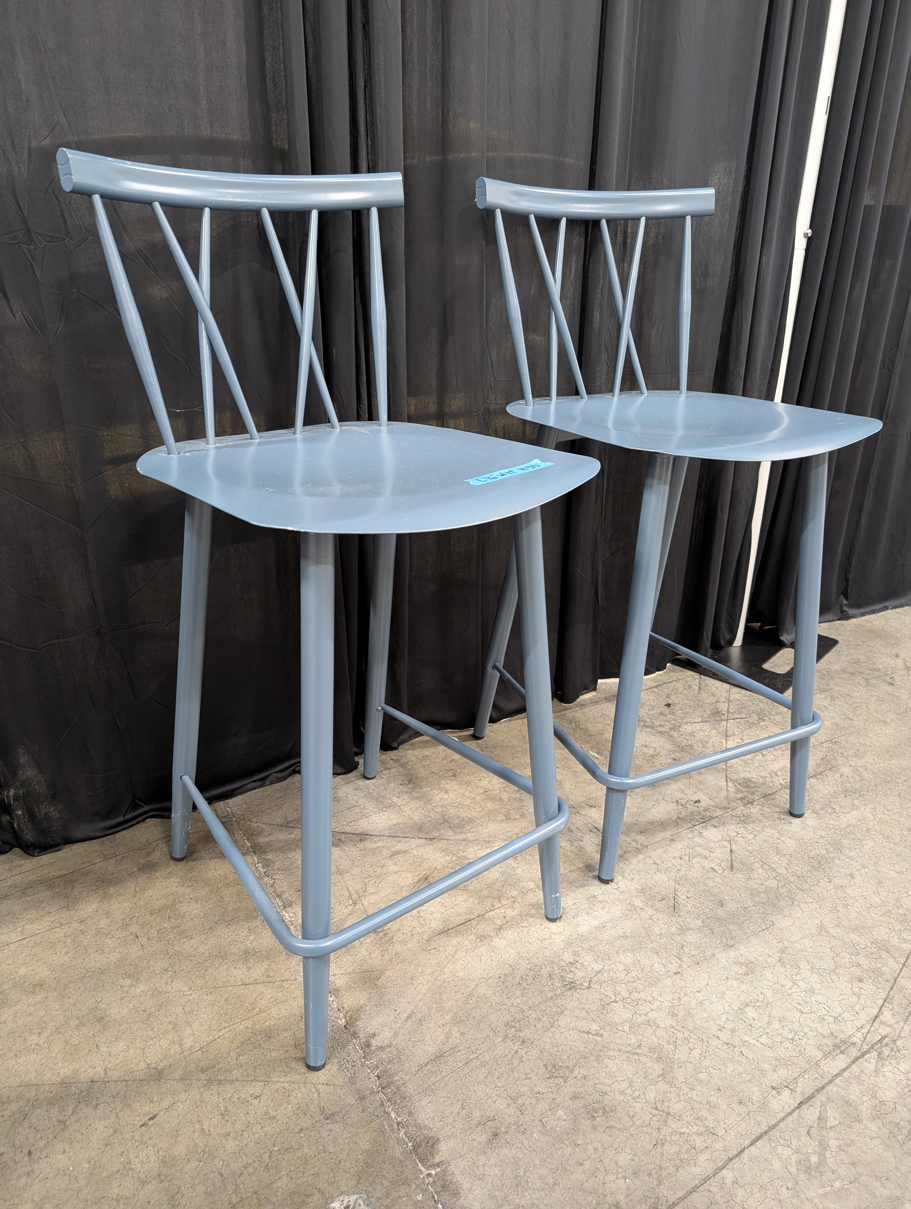 Pair of Blue Metal Cross-Back Bar Stool