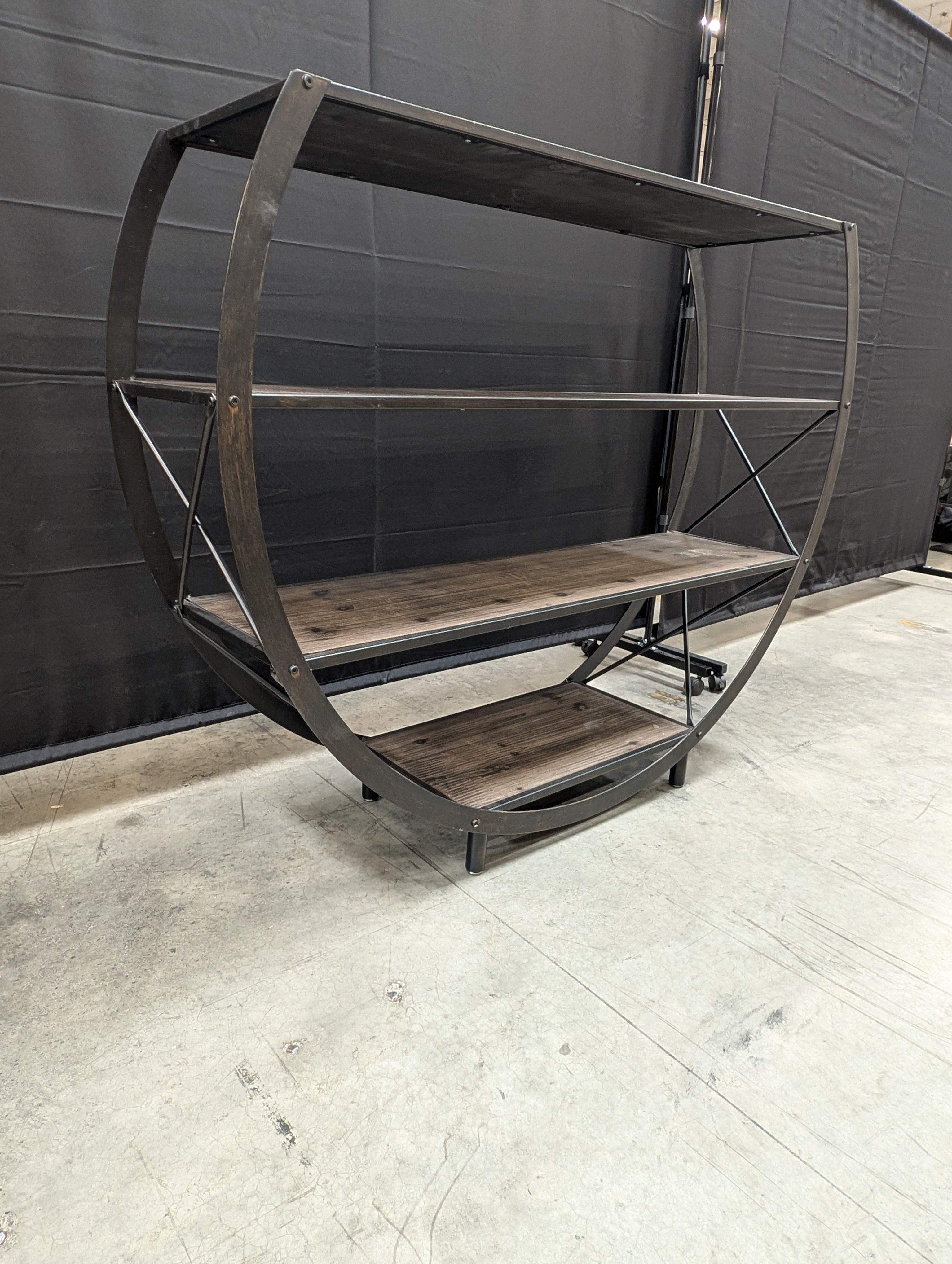 Industrial Half-Moon Display Shelf with Wood Tiers