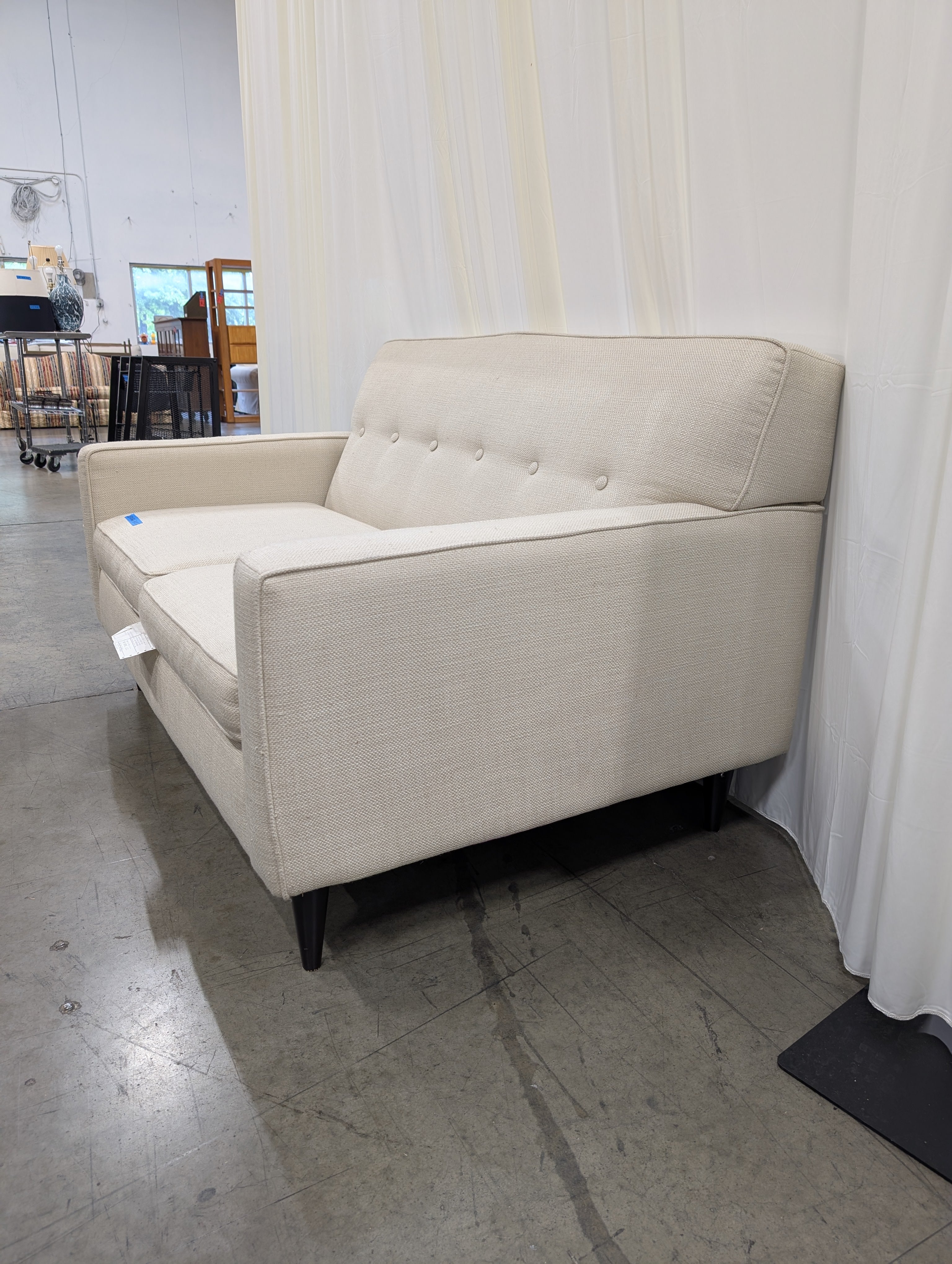 Mid-Century Cream Fabric Loveseat with Tufted Back