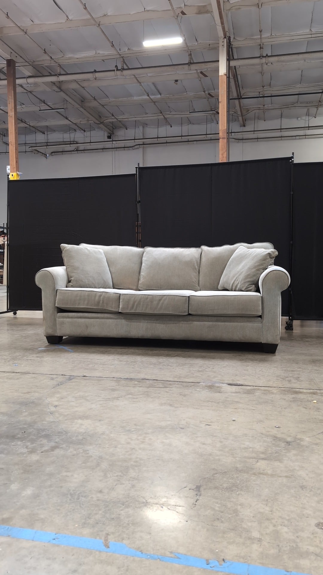 Used Greige Fabric Three-Seater Sofa with Rolled Arms