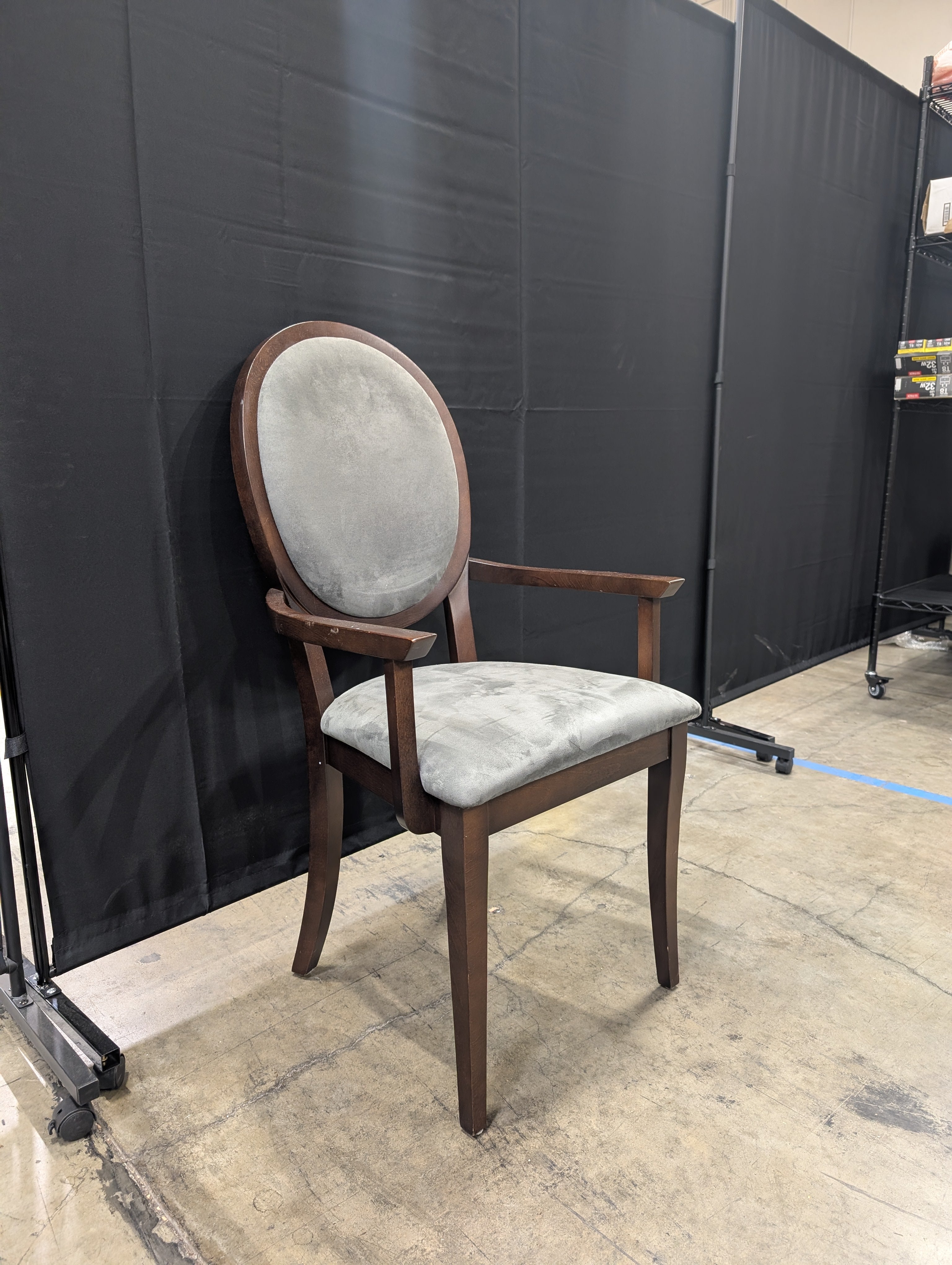 Dinec Oval Back Wood Armchair with Grey Upholstery