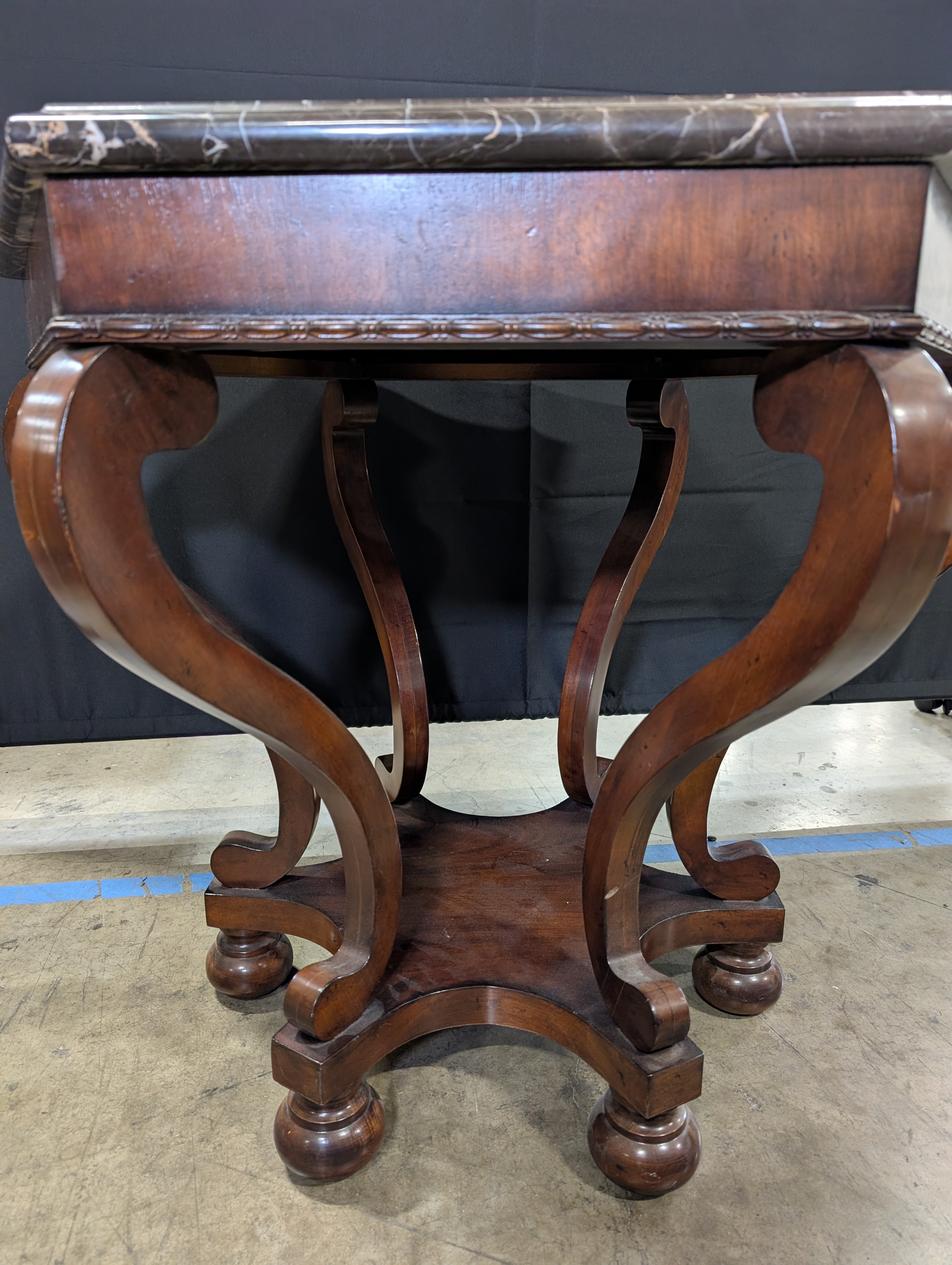 Hexagonal Dark Marble Top Accent Table with Carved Wood Pedestal Base