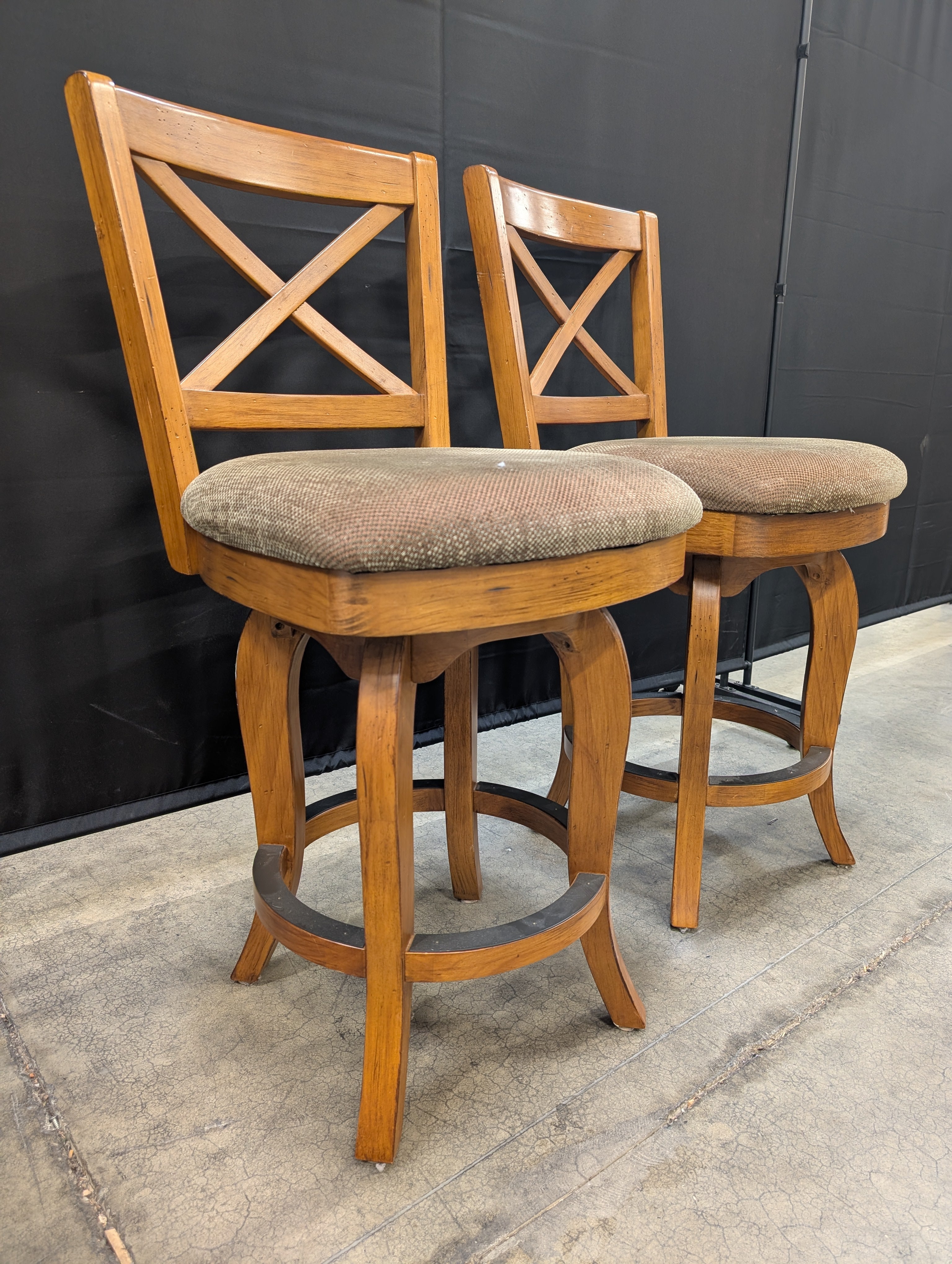 Pair of Wood X-Back Swivel Bar Stools