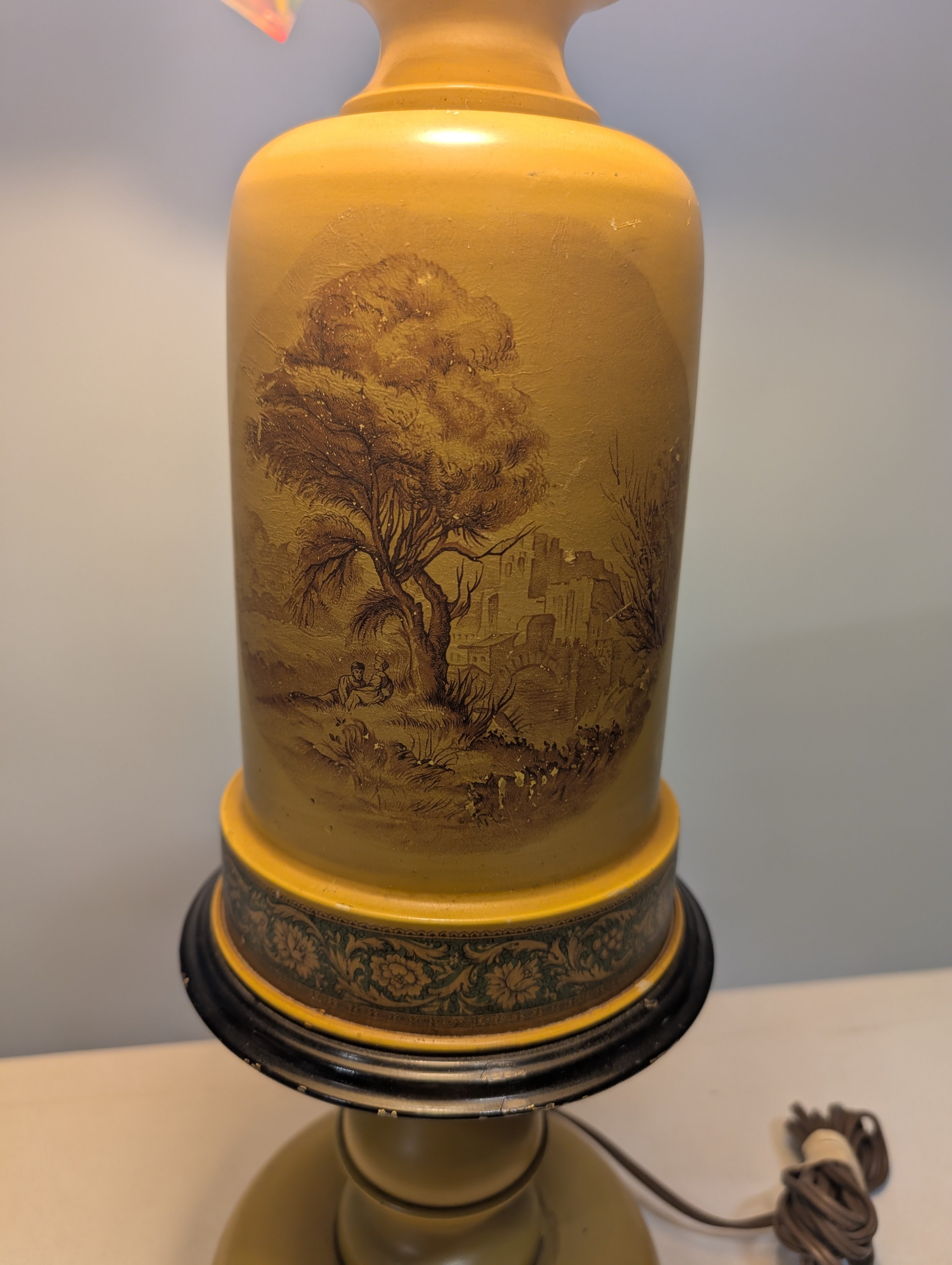 Vintage Style Mustard Yellow Table Lamp with Scenic Design